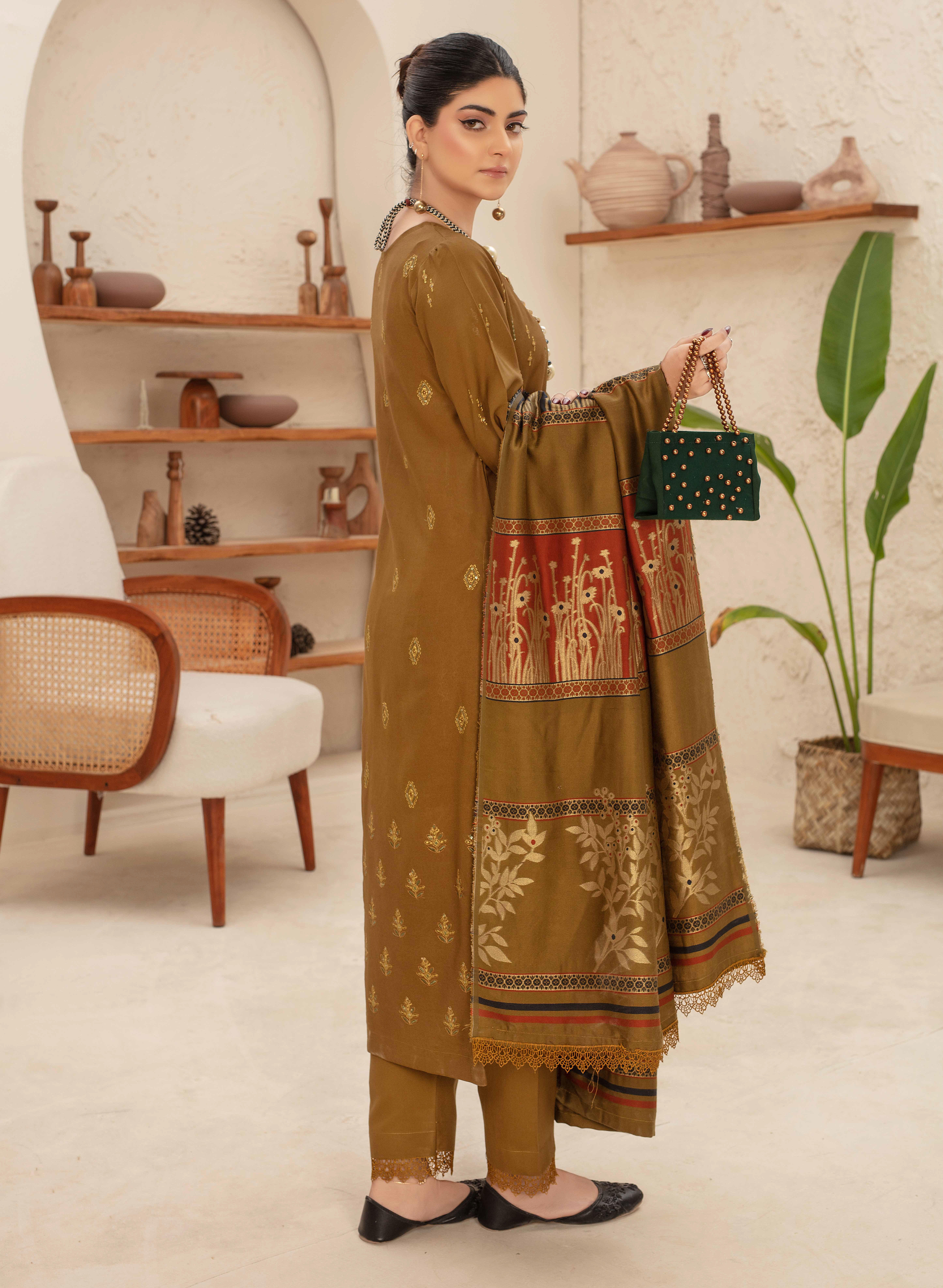 Premium Embroidered Dhanak Suite with Fancy Tik Tok Acrylic Shawl D-05