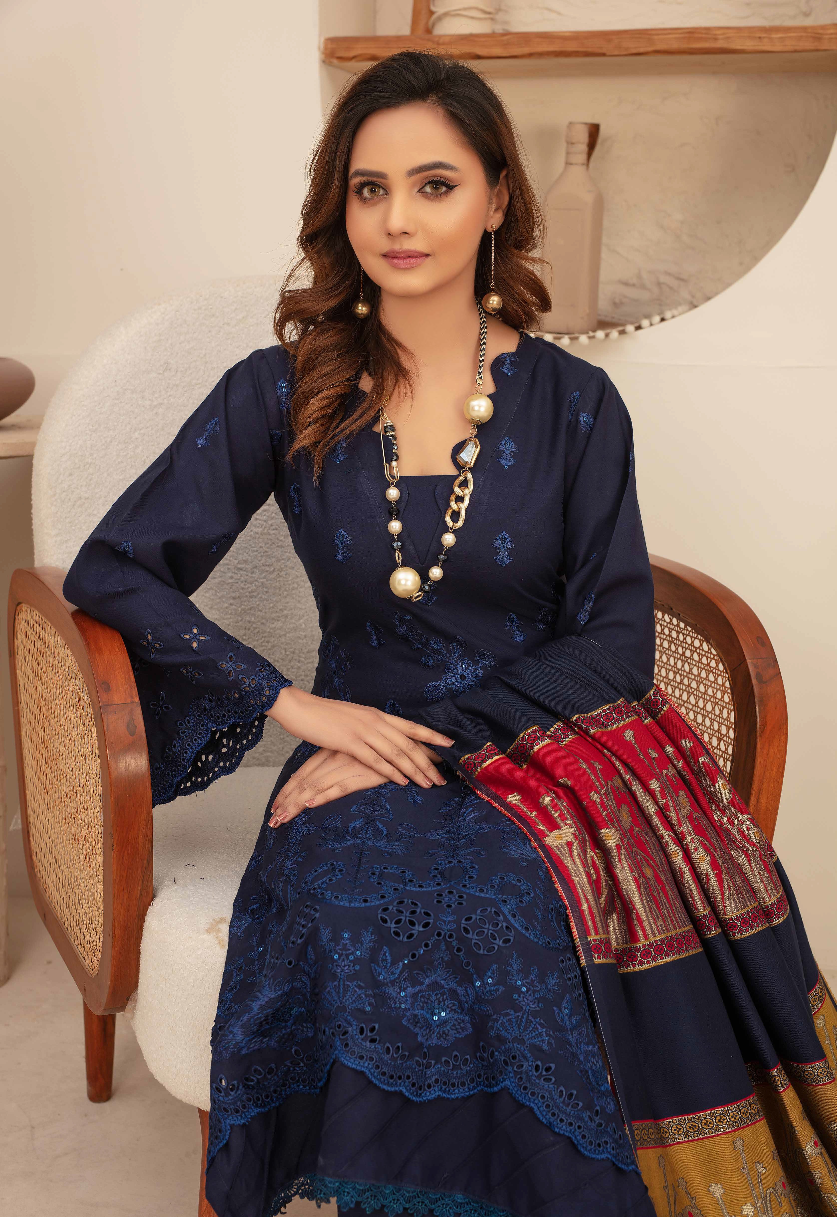 Premium Embroidered Dhanak Suite with Fancy Tik Tok Acrylic Shawl D-02