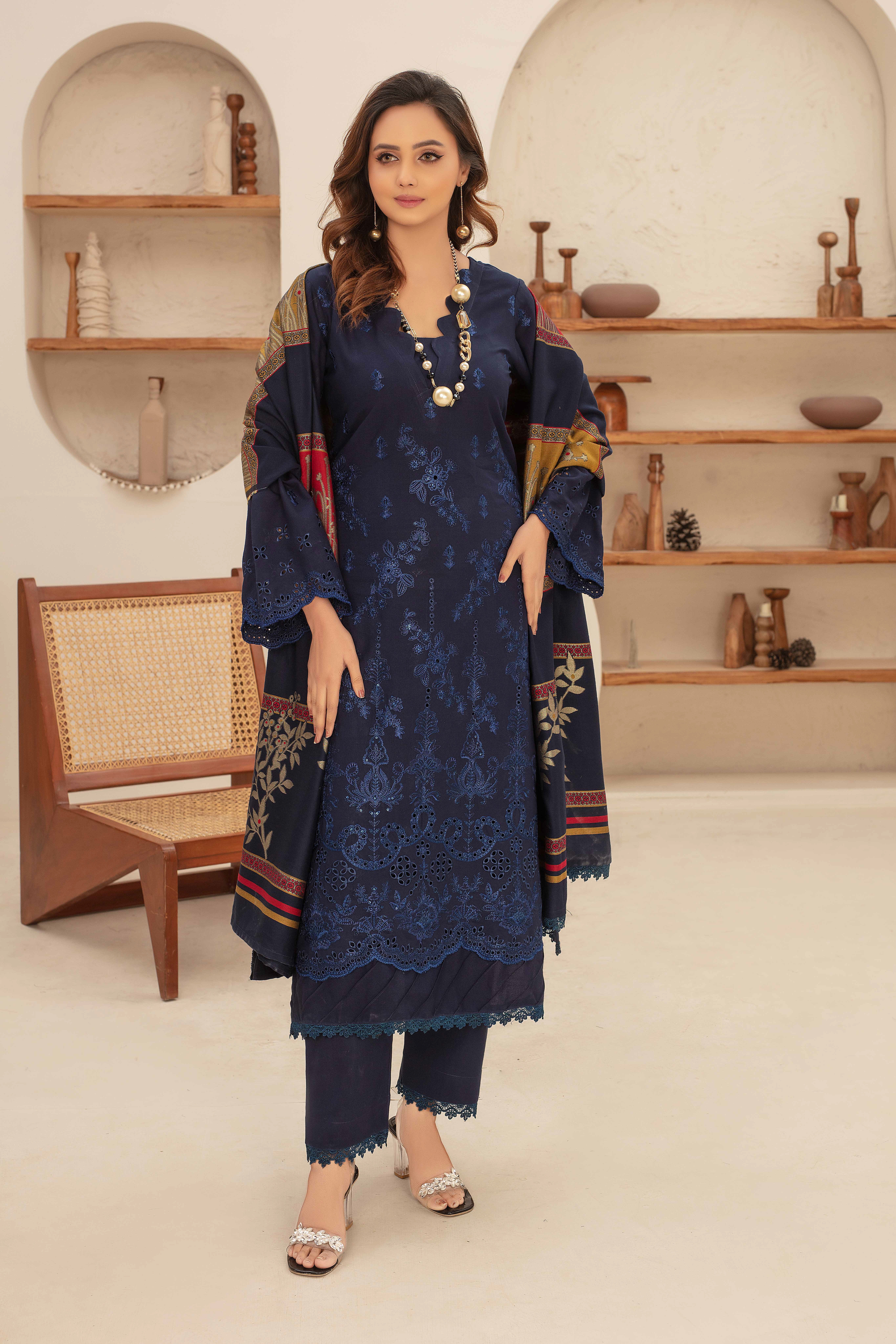 Premium Embroidered Dhanak Suite with Fancy Tik Tok Acrylic Shawl D-02