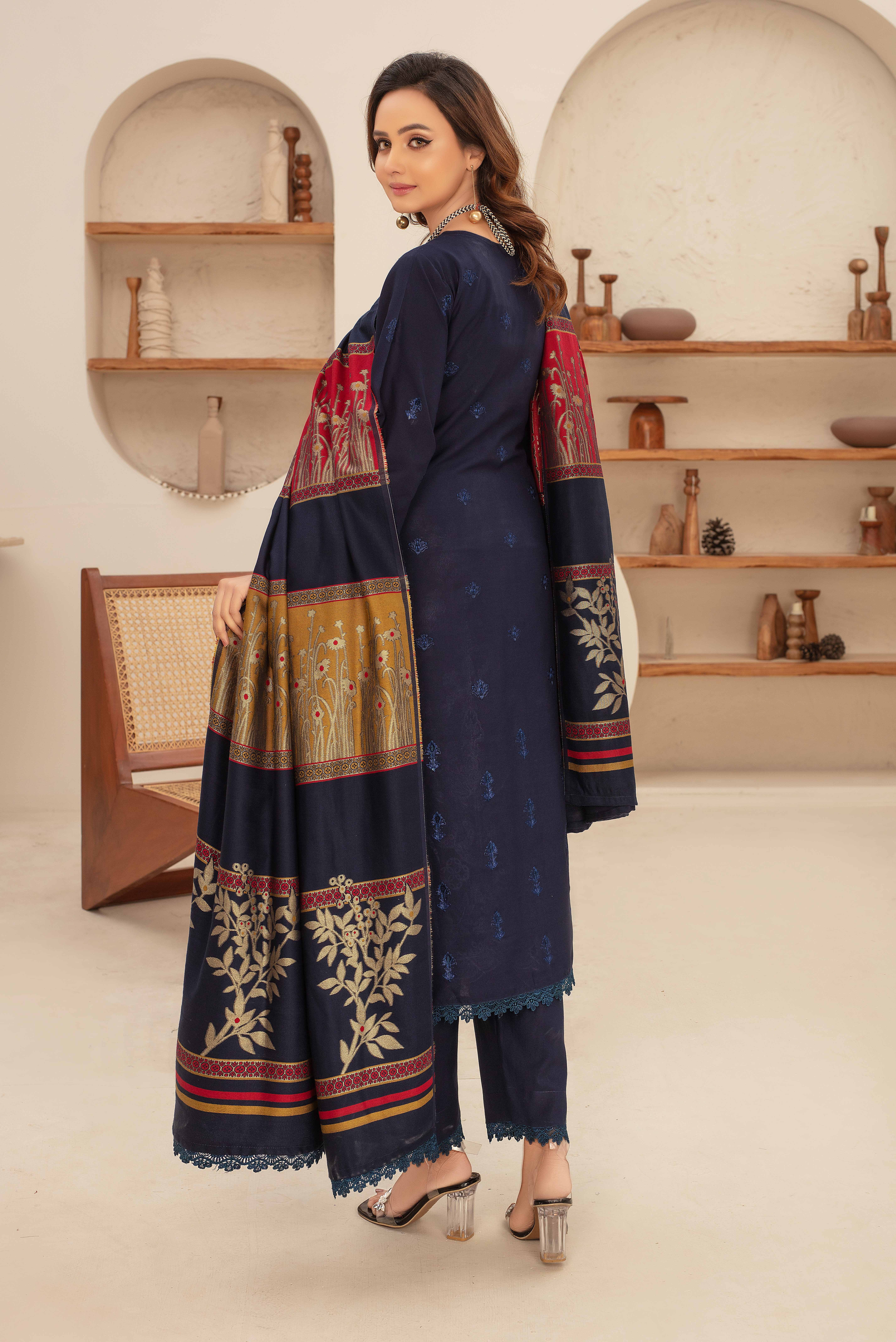 Premium Embroidered Dhanak Suite with Fancy Tik Tok Acrylic Shawl D-02