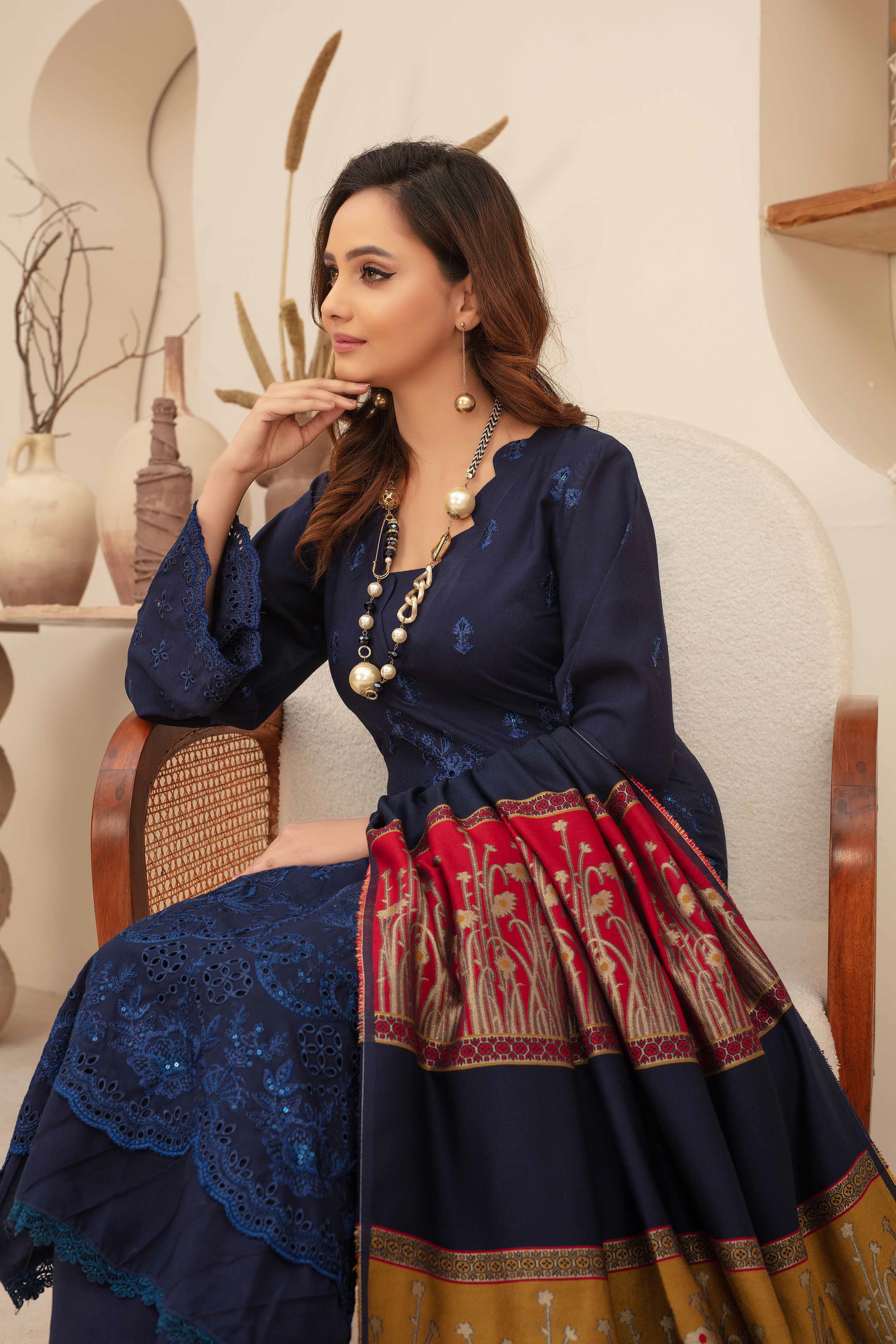 Premium Embroidered Dhanak Suite with Fancy Tik Tok Acrylic Shawl D-02