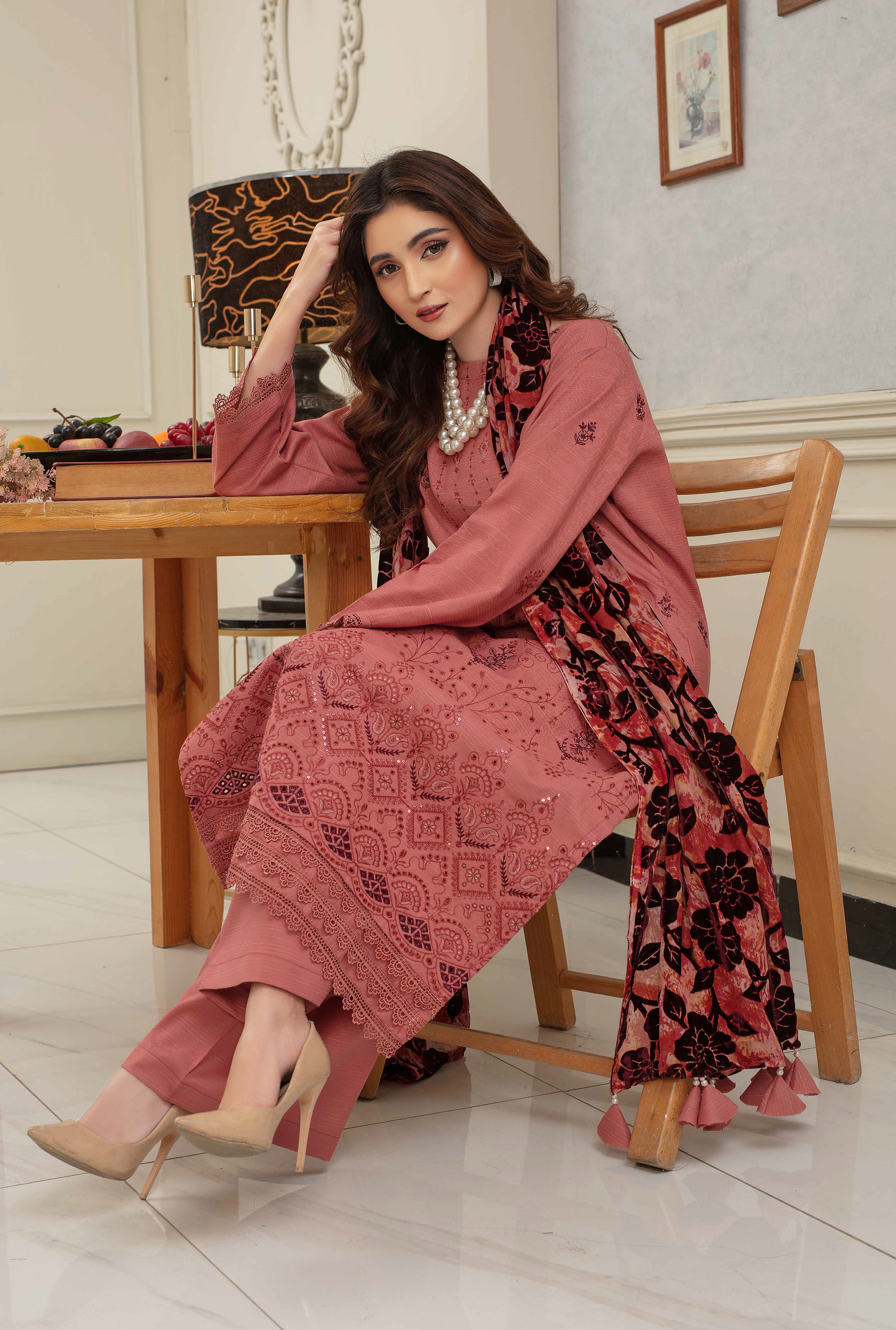 Luxury Embroidered Zarri Peach Suite with Fancy Palachi Shawl
