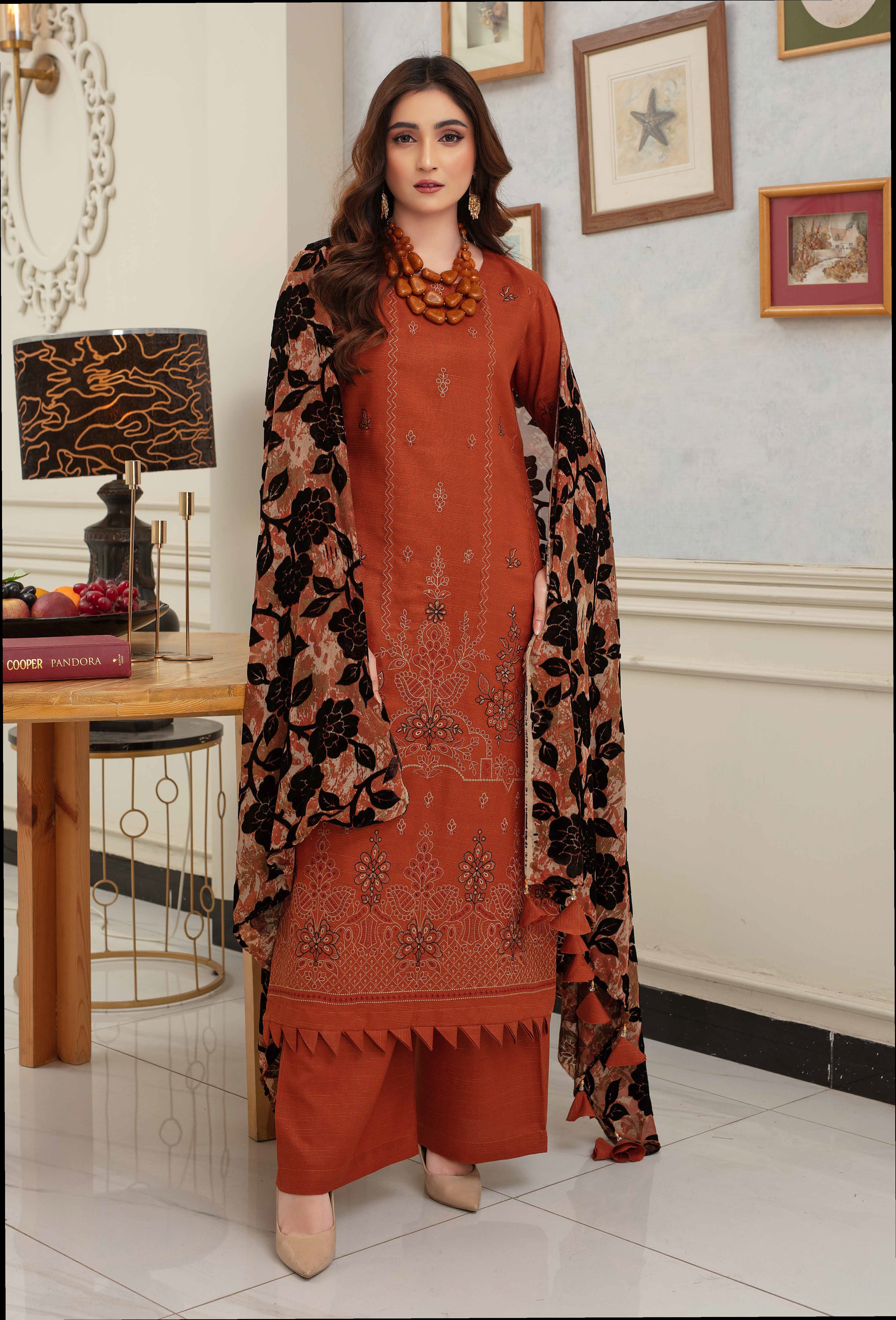 Luxury Embroidered Zarri Peach Suite with Fancy Palachi Shawl D-04