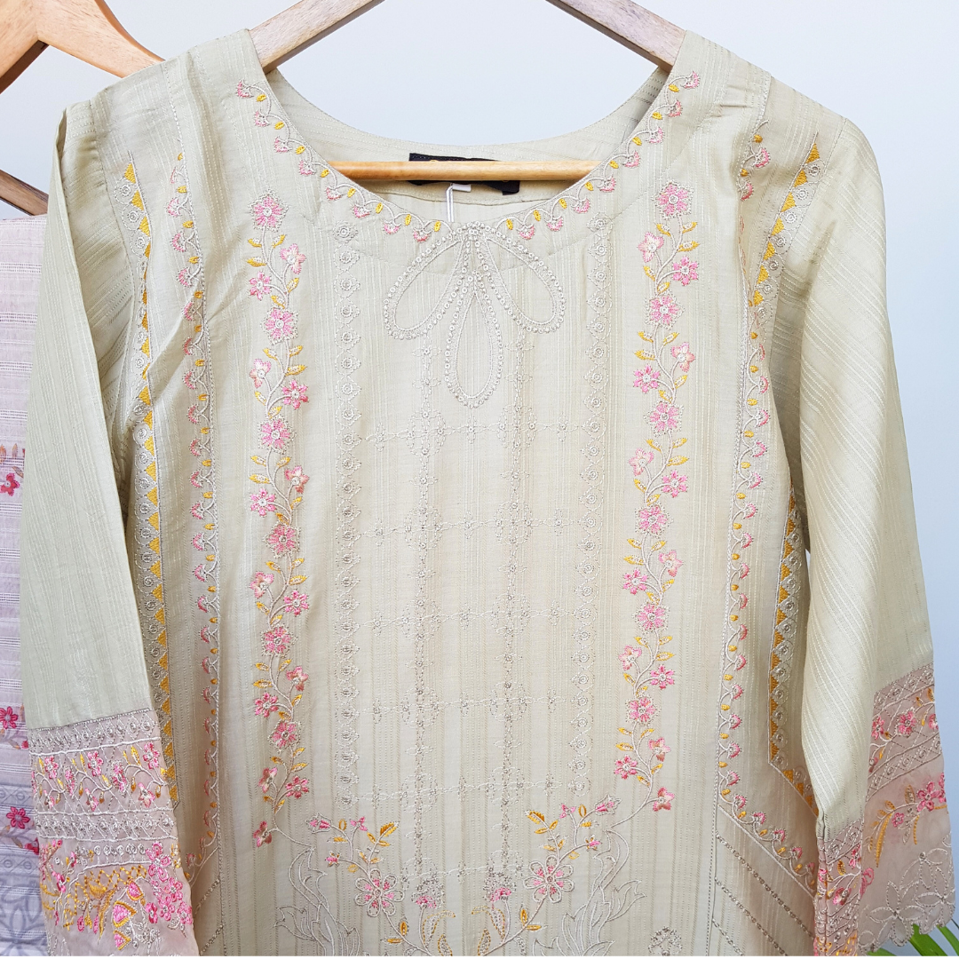 Cornsilk- 3 Piece Embroidered Cotton Suit - Ready-to-wear D-08