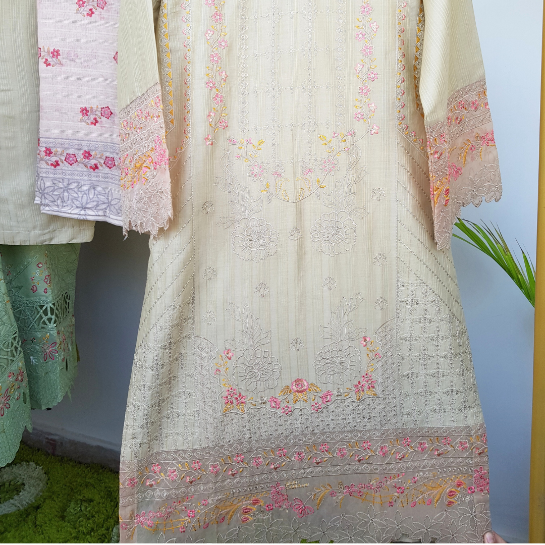 Cornsilk- 3 Piece Embroidered Cotton Suit - Ready-to-wear D-08