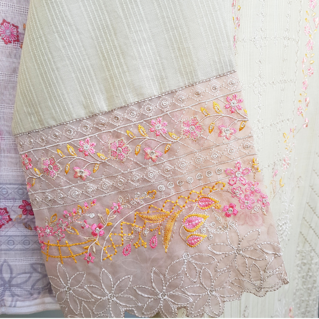 Cornsilk- 3 Piece Embroidered Cotton Suit - Ready-to-wear D-08