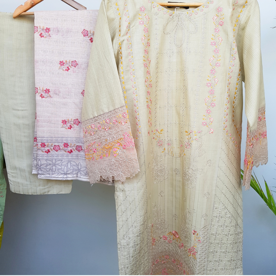 Cornsilk- 3 Piece Embroidered Cotton Suit - Ready-to-wear D-08