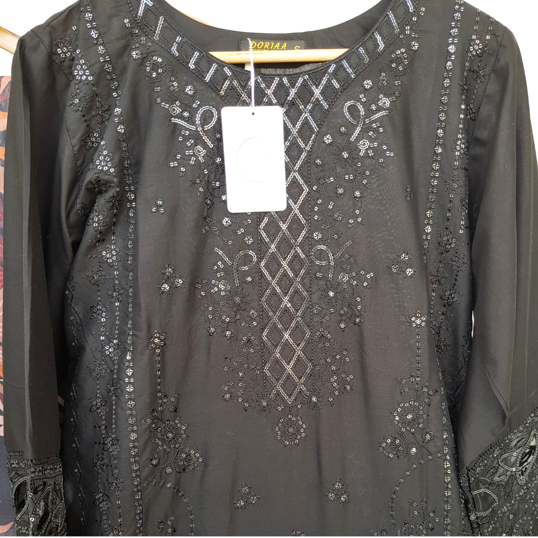 Black Feather - 3 Piece Embroidered Cotton Suite - Ready-to-wear D-07
