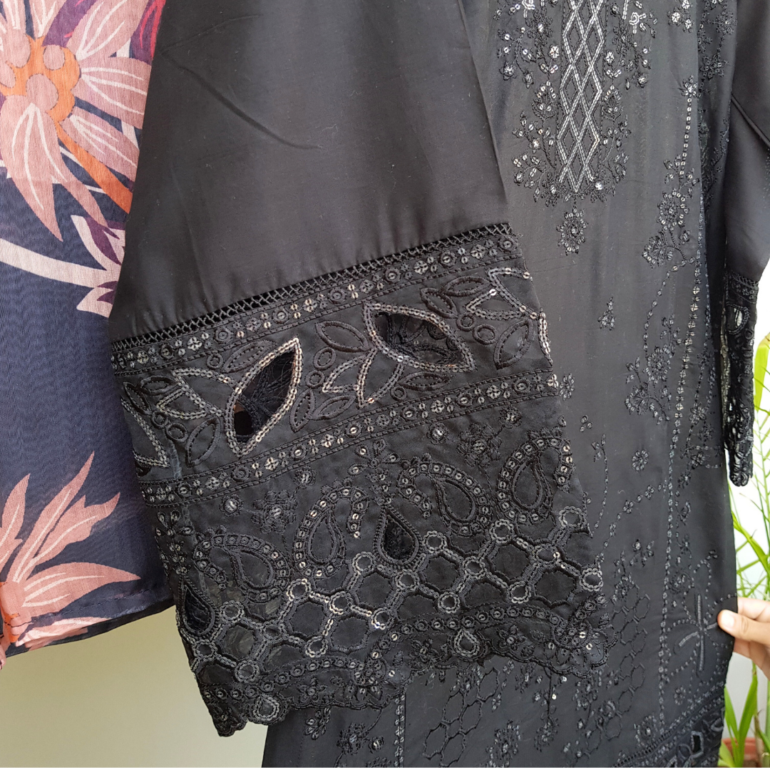 Black Feather - 3 Piece Embroidered Cotton Suite - Ready-to-wear D-07