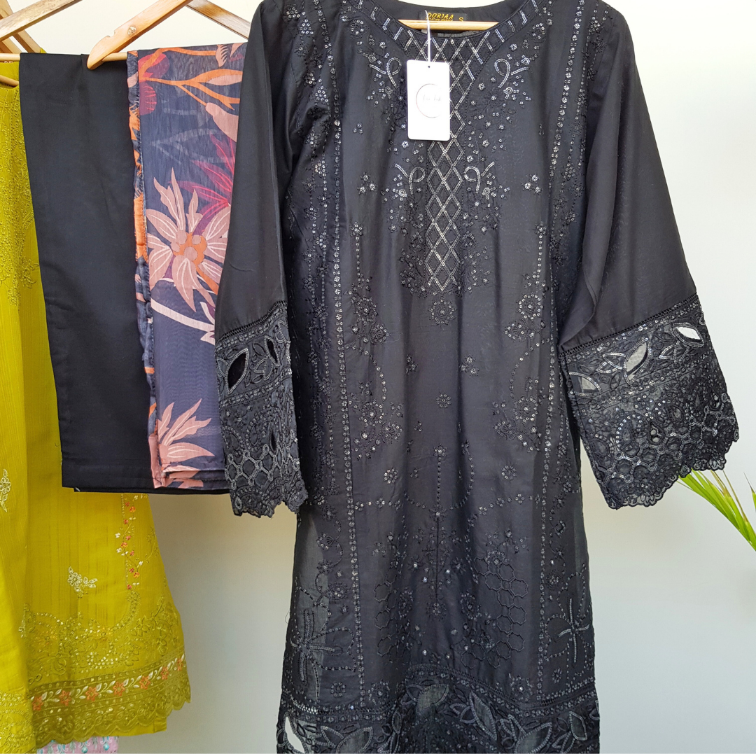 Black Feather - 3 Piece Embroidered Cotton Suite - Ready-to-wear D-07