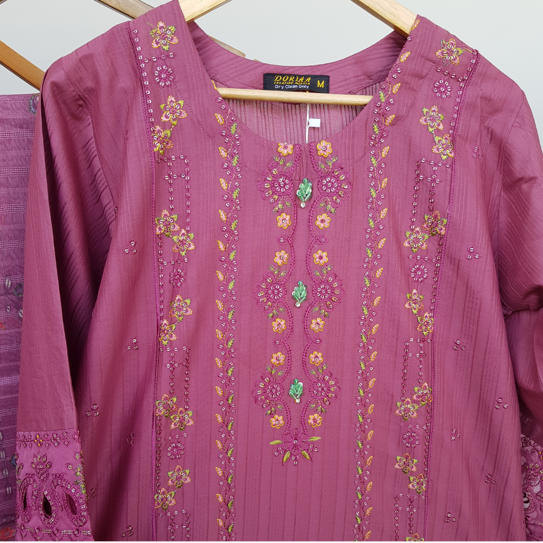 3 Piece Embroidered Cotton Suit - Ready-to-wear D-04