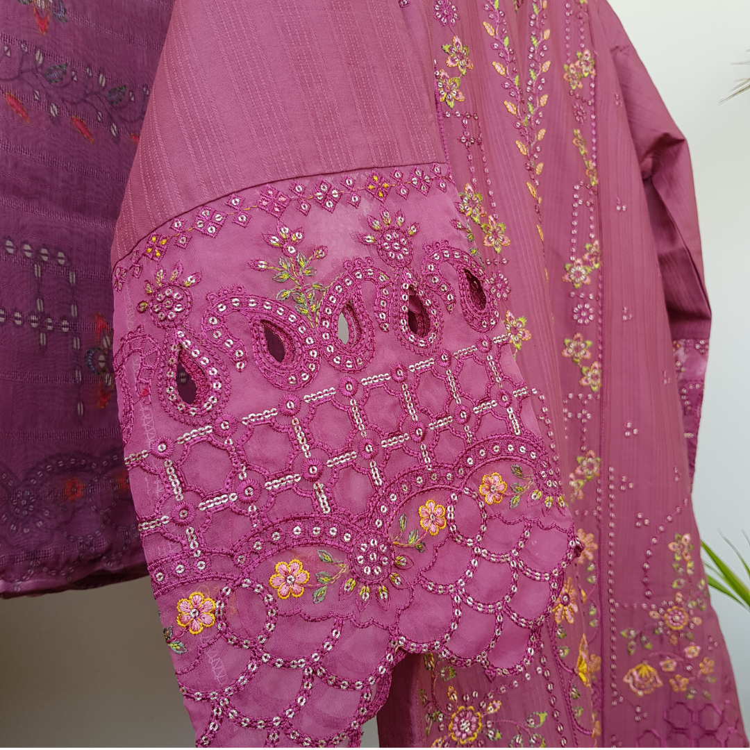 3 Piece Embroidered Cotton Suit - Ready-to-wear D-04