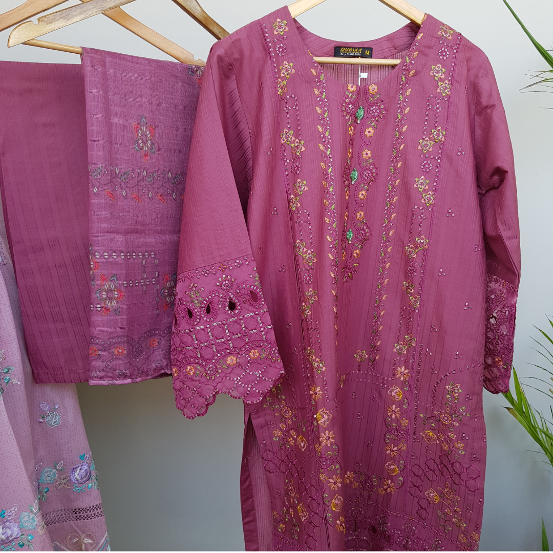 3 Piece Embroidered Cotton Suit - Ready-to-wear D-04