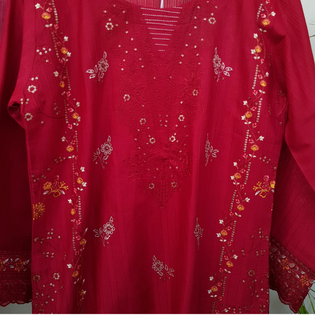 3 Piece Embroidered Cotton Suit - Ready-to-wear D-03