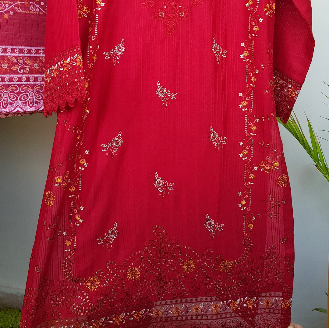 3 Piece Embroidered Cotton Suit - Ready-to-wear D-03