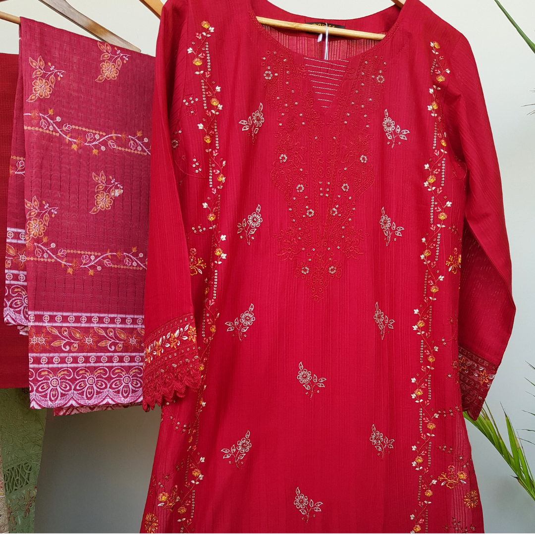 3 Piece Embroidered Cotton Suit - Ready-to-wear D-03