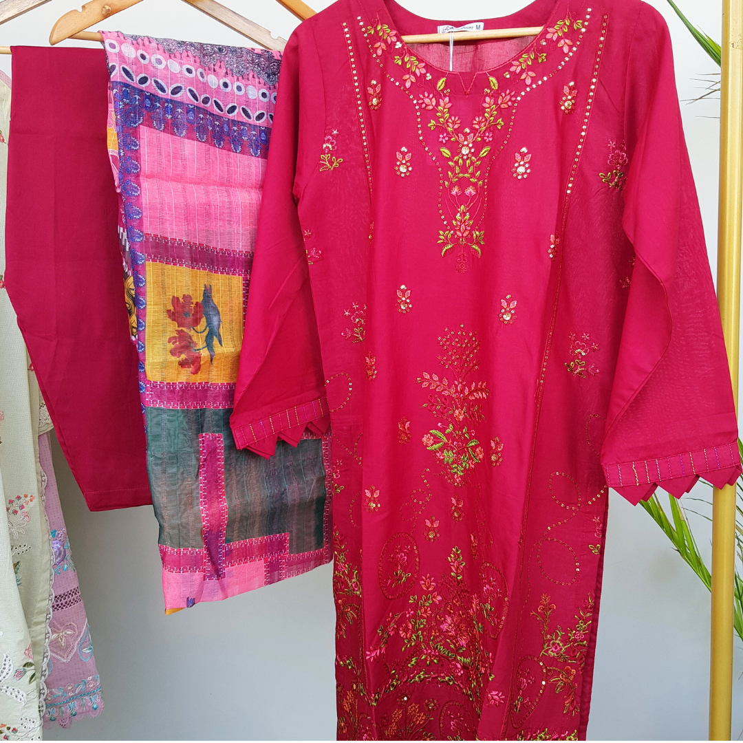 3 Piece Embroidered Cotton Suit - Ready-to-wear D-03