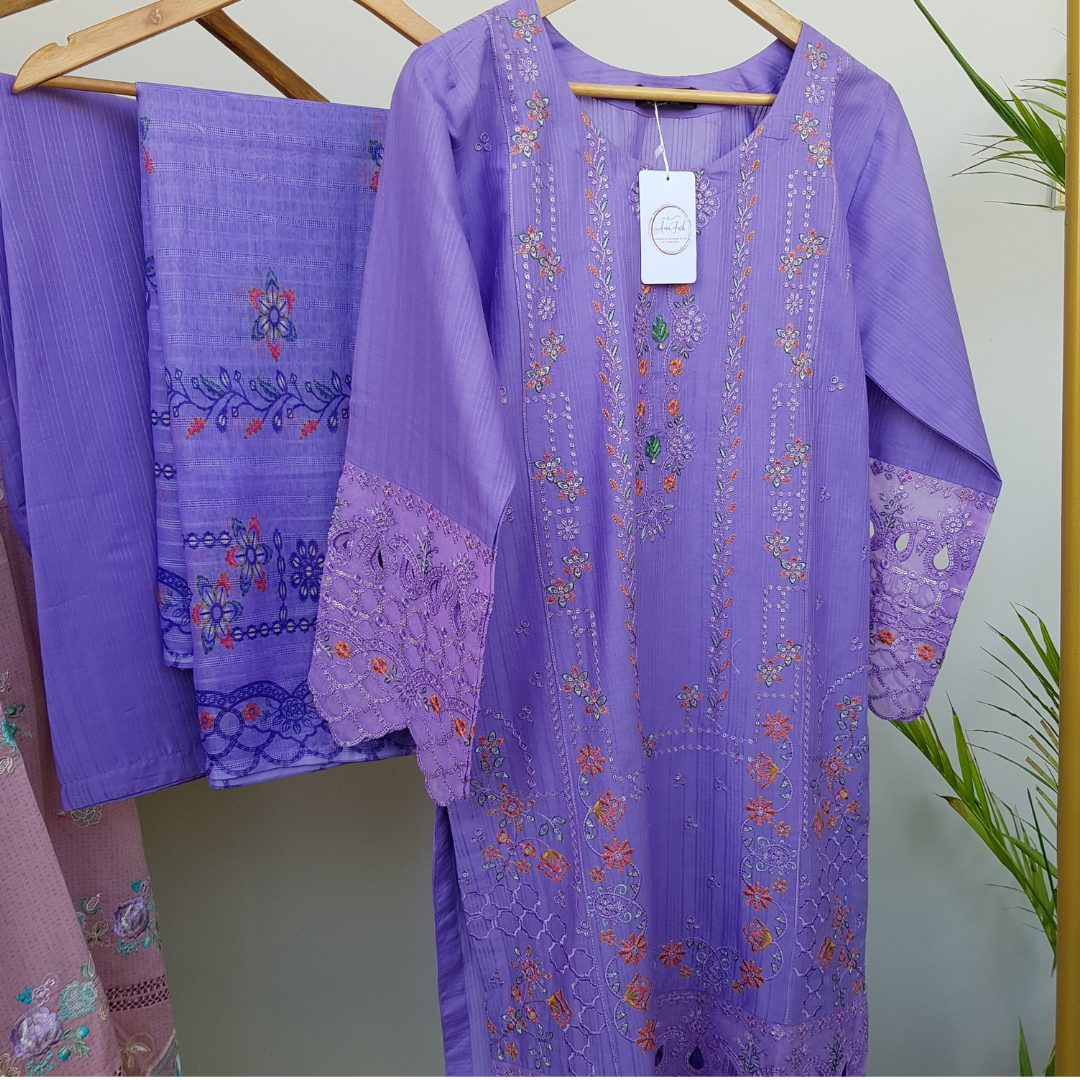 3 Piece Graceful Embroidered Cotton Suit - Ready-to-wear D-01