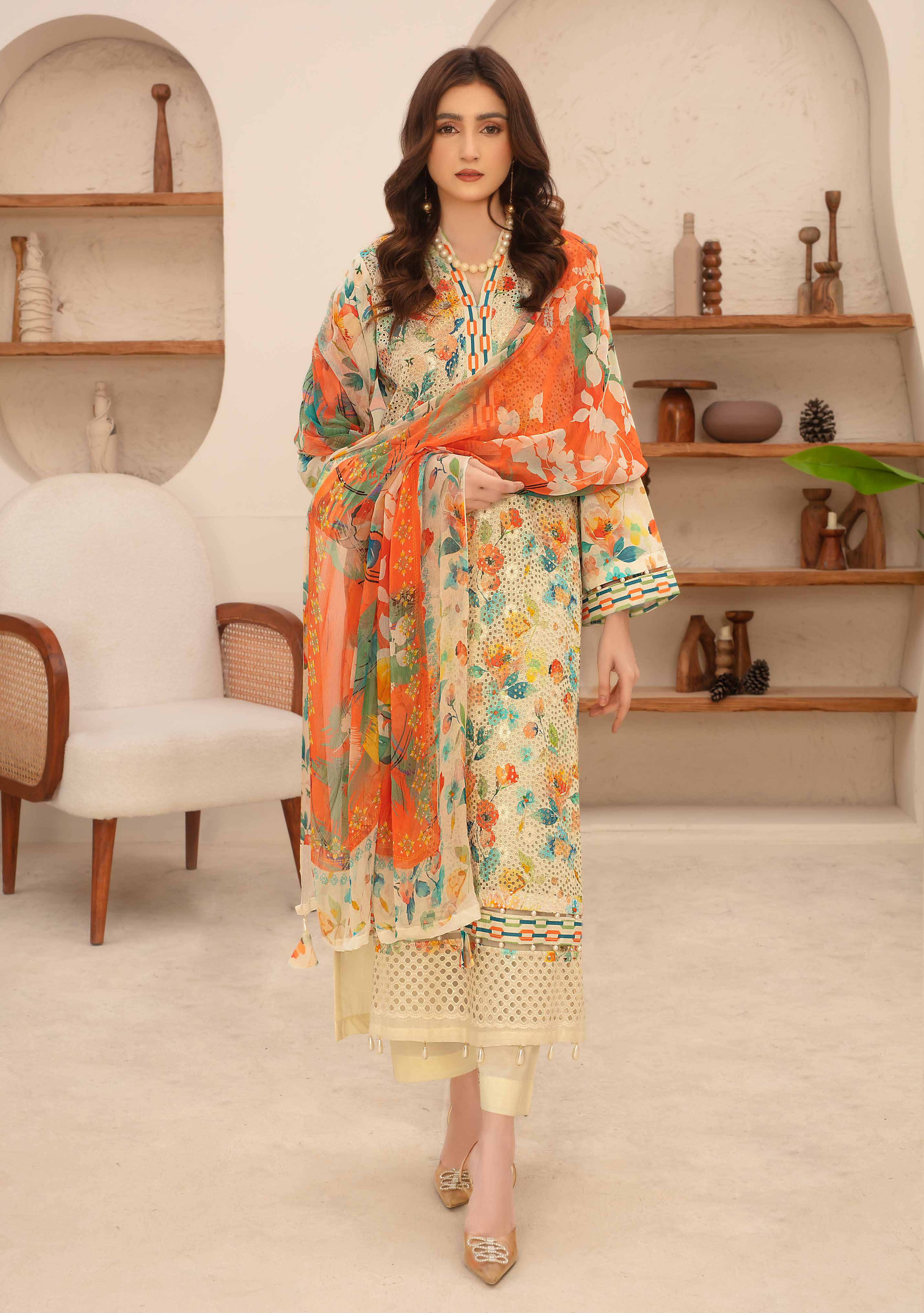 Unstitched 3-Piece Luxury Chikenkari Lawn D-01