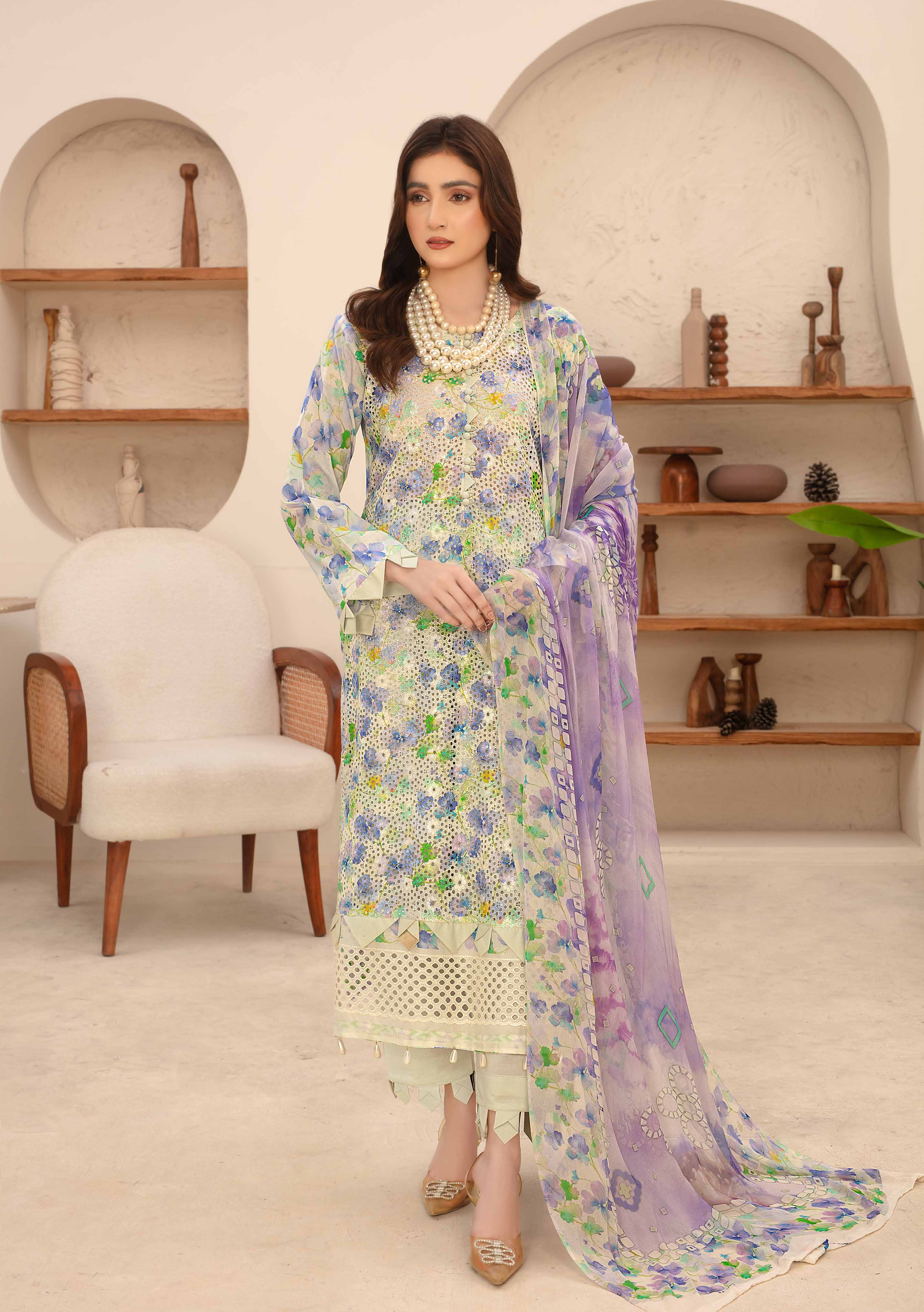 Unstitched 3-Piece Luxury Chikenkari Lawn D-9