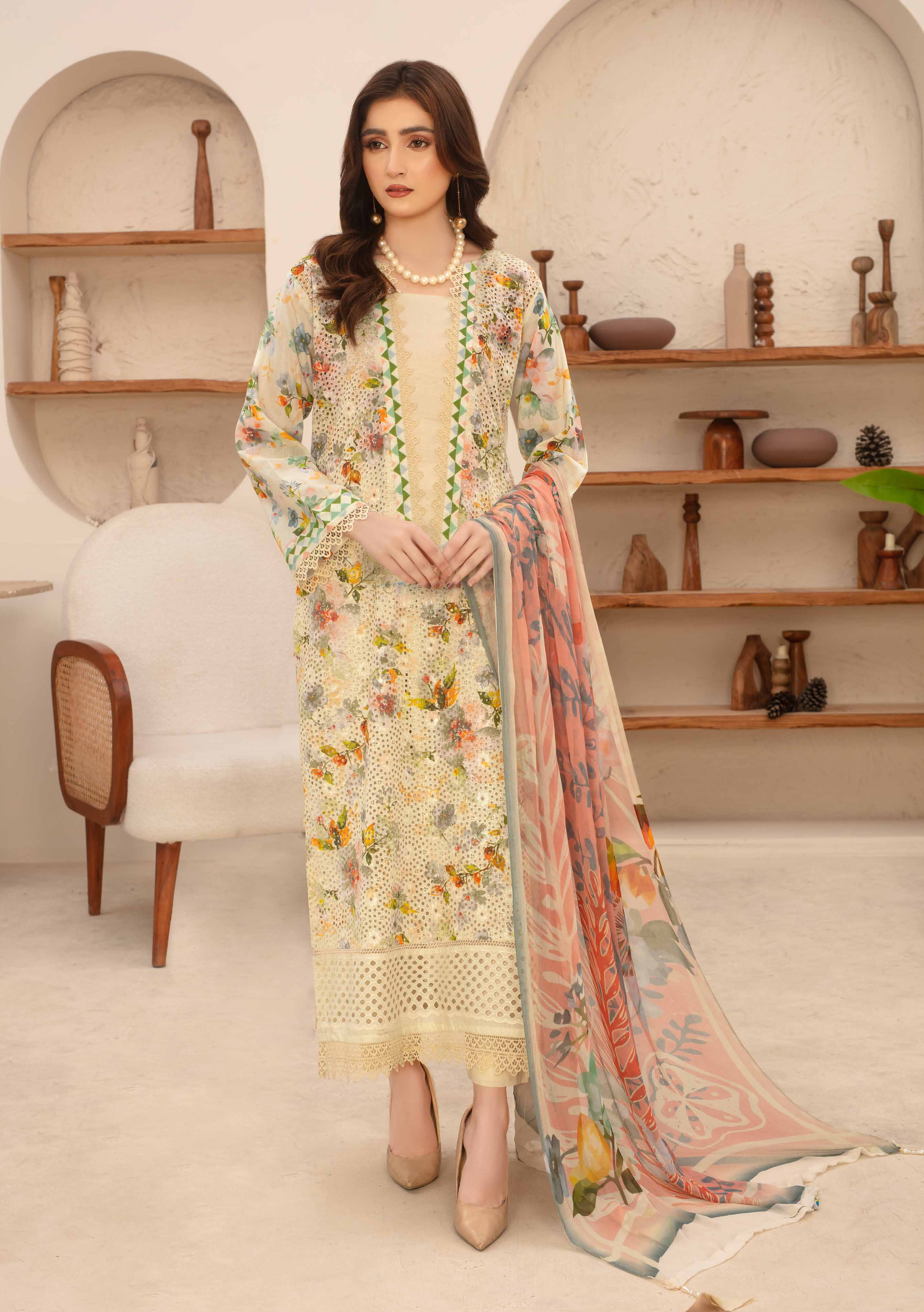 Unstitched 3-Piece Luxury Chikenkari Lawn D-10