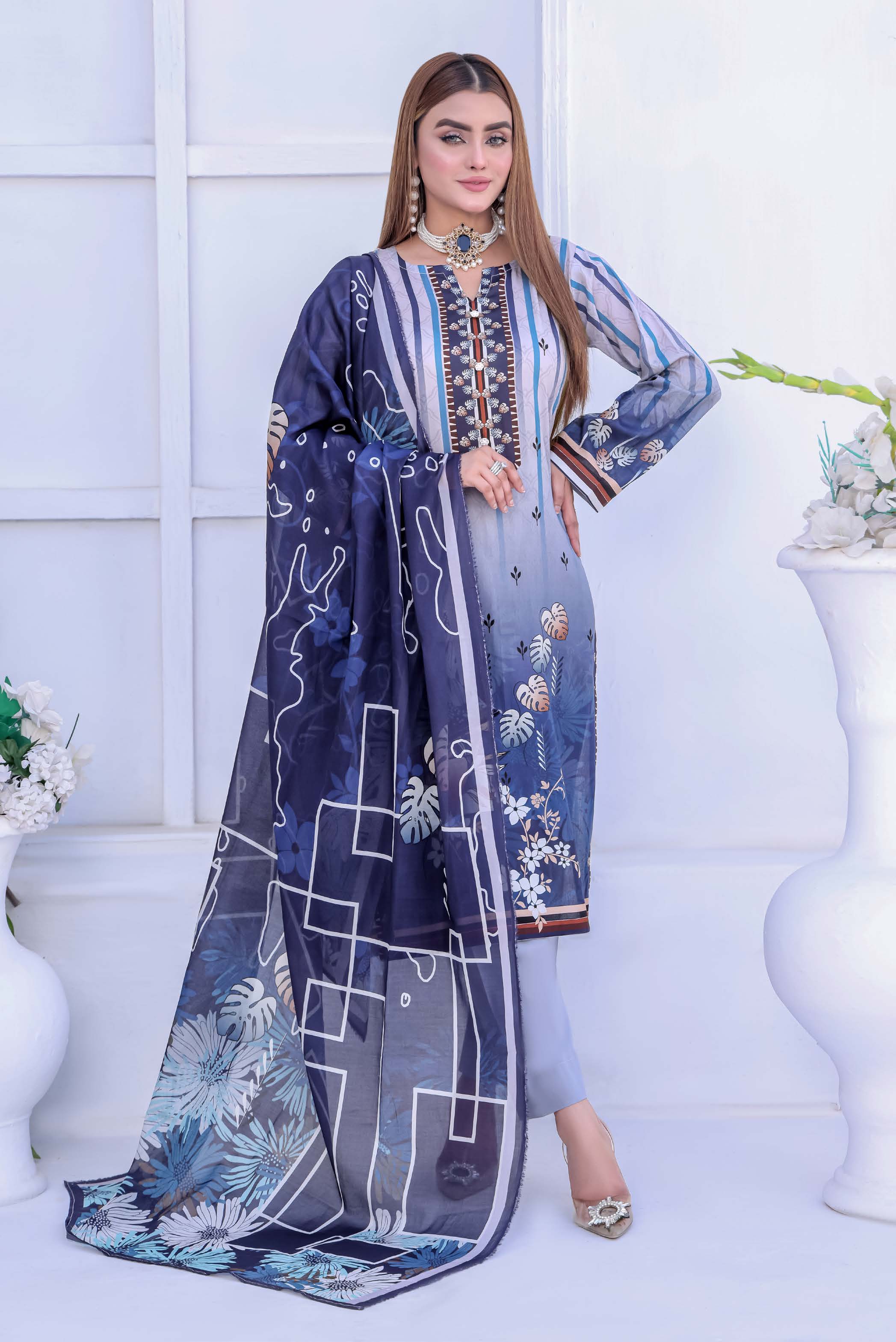 Unstitched 3-Piece Premium Digital Printed Lawn Suite D-07