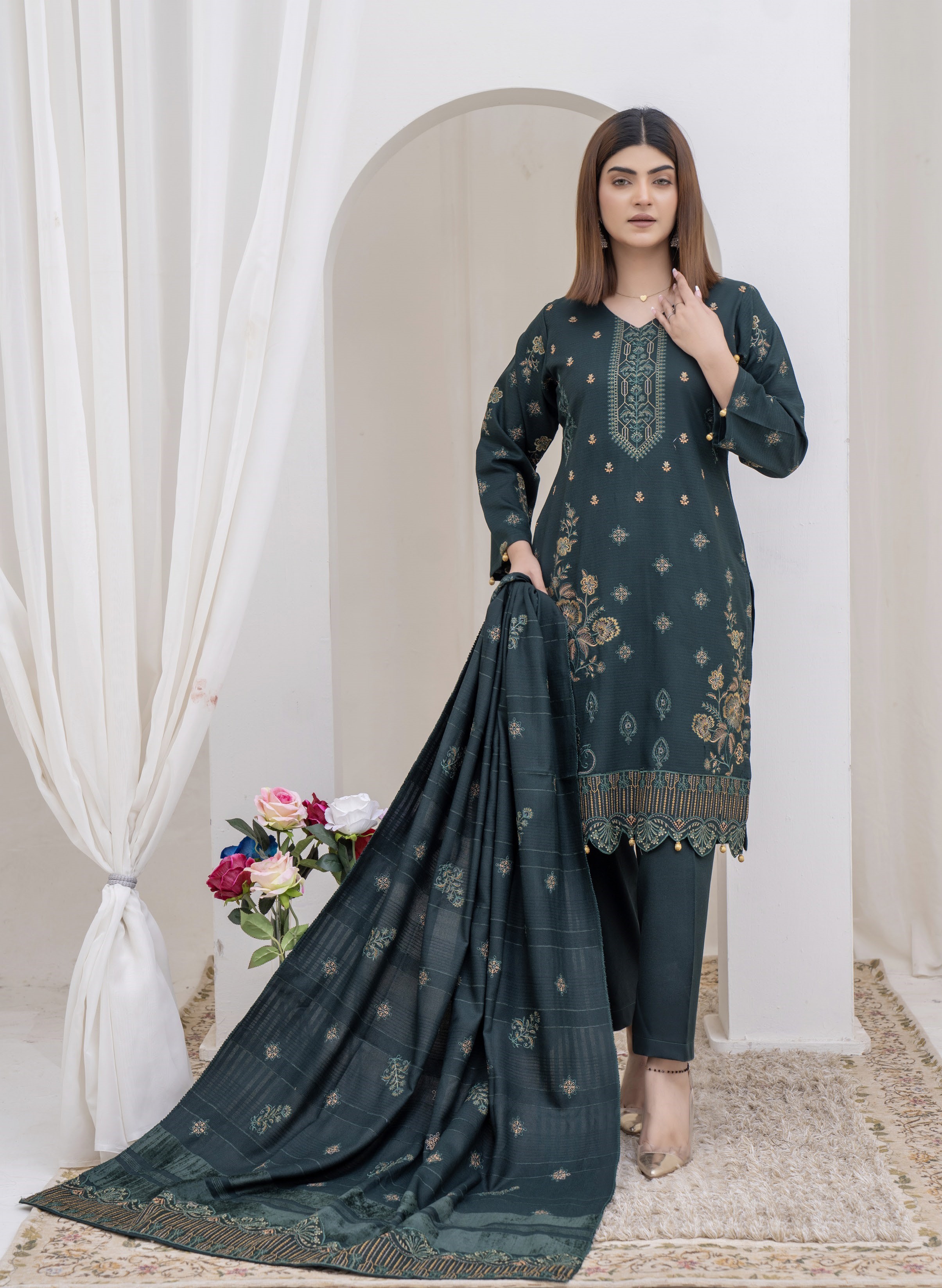 3-Piece Unstitched Bana Dora Dhanak Embroidered Shirt with Embroidered Shawl Dupatta (D-4)