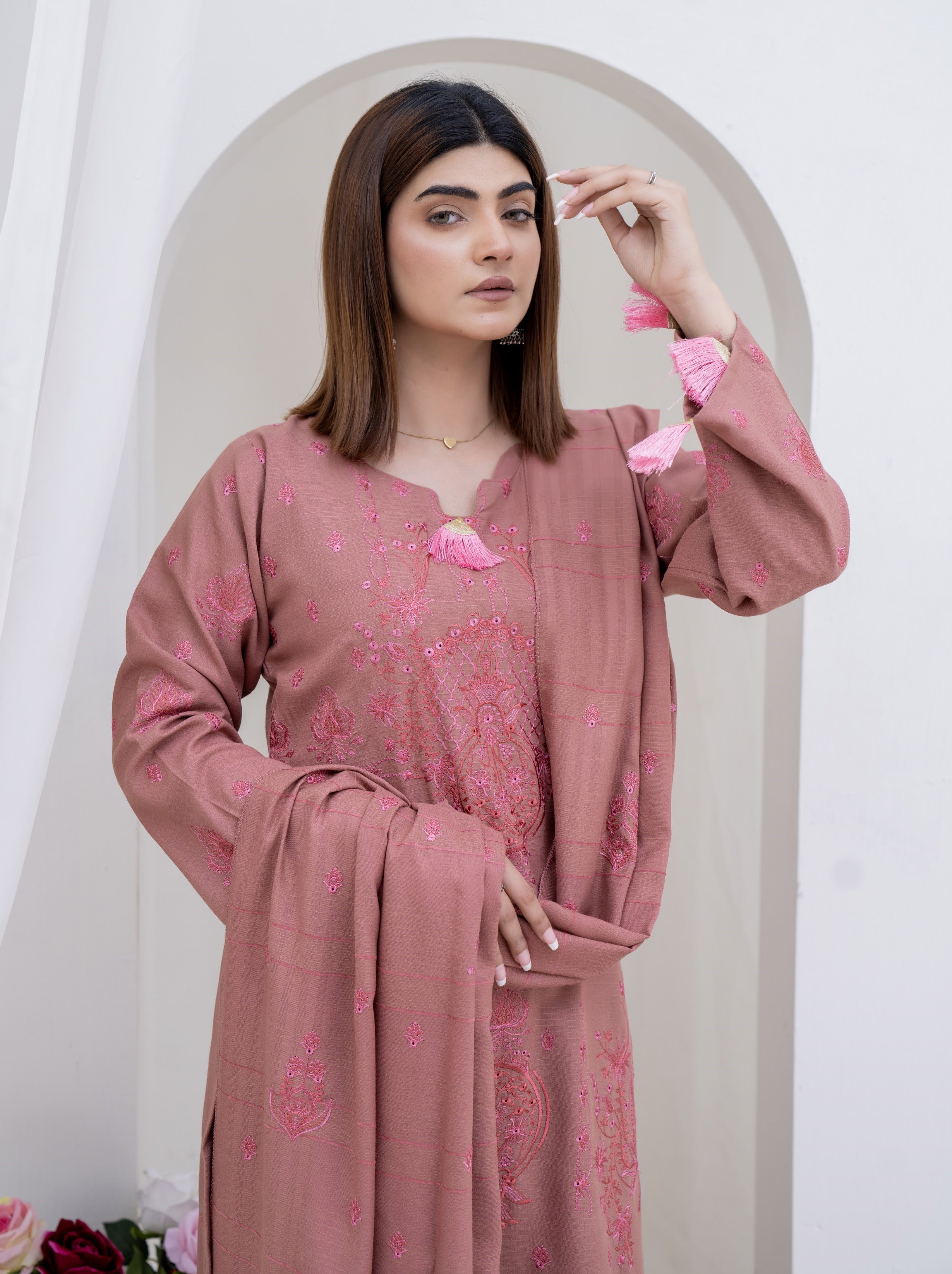3-Piece Unstitched Bana Dora Dhanak Embroidered Shirt with Embroidered Shawl Dupatta (D-6)