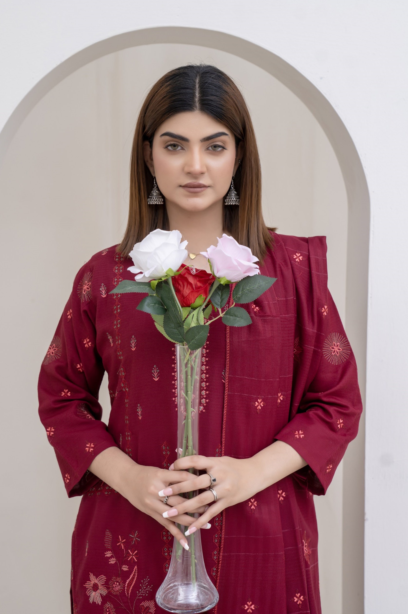 3-Piece Unstitched Bana Dora Dhanak Embroidered Shirt with Embroidered Shawl Dupatta (D-3)