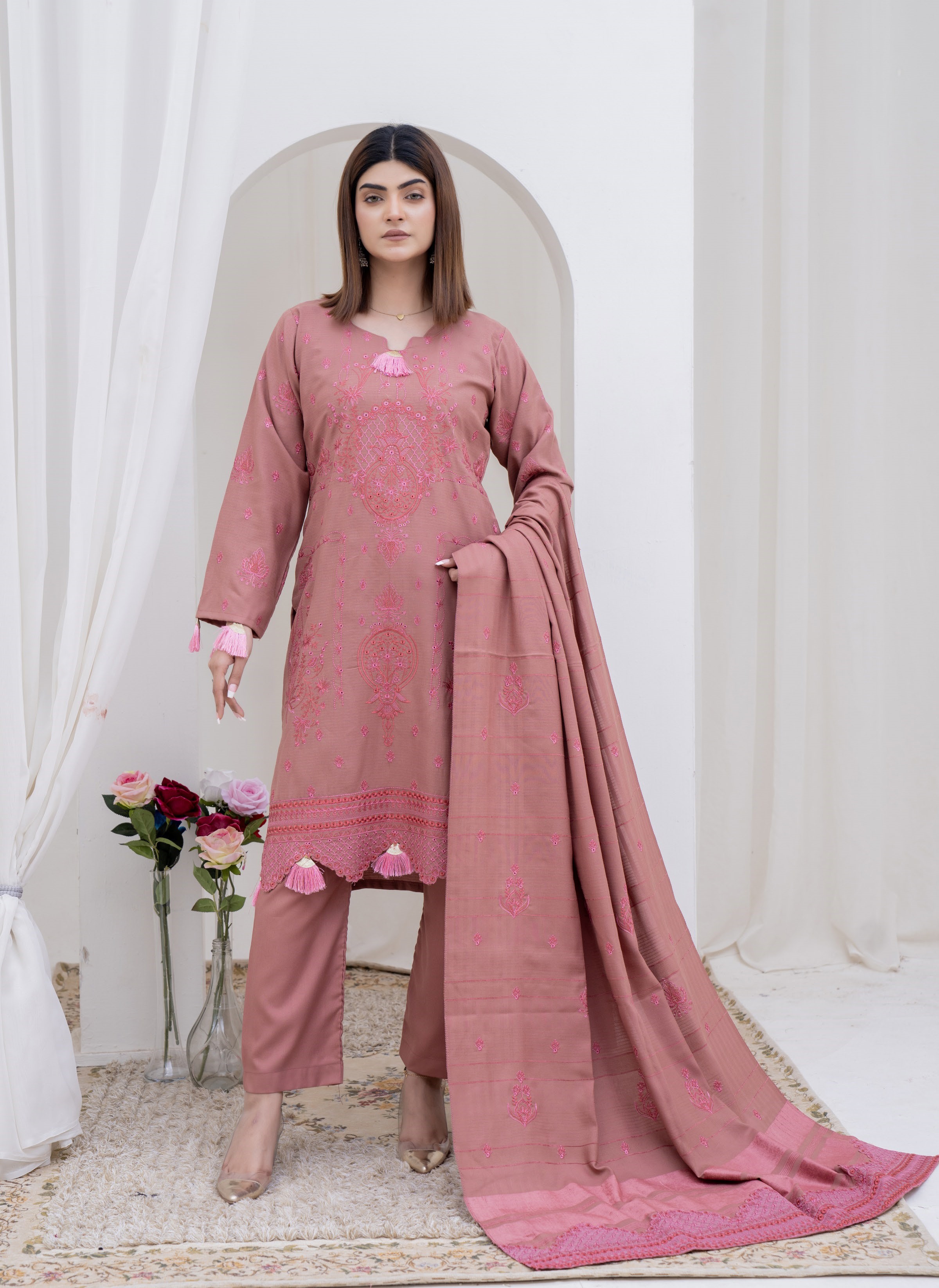 3-Piece Unstitched Bana Dora Dhanak Embroidered Shirt with Embroidered Shawl Dupatta (D-6)