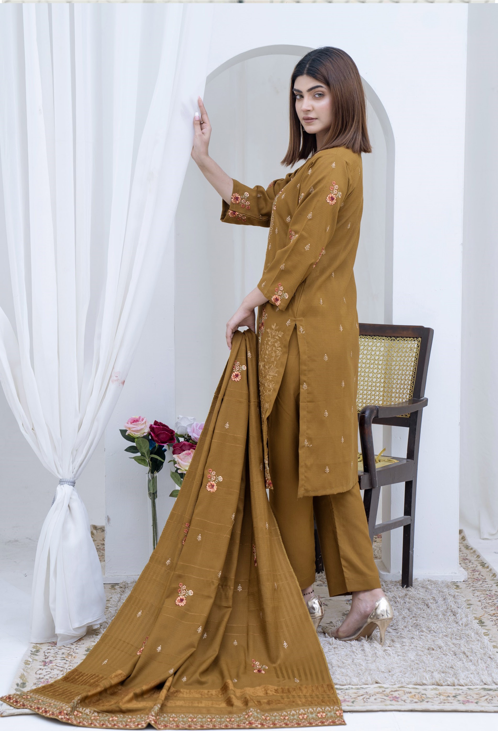 3-Piece Unstitched Bana Dora Dhanak Embroidered Shirt with Embroidered Shawl Dupatta (D-2)