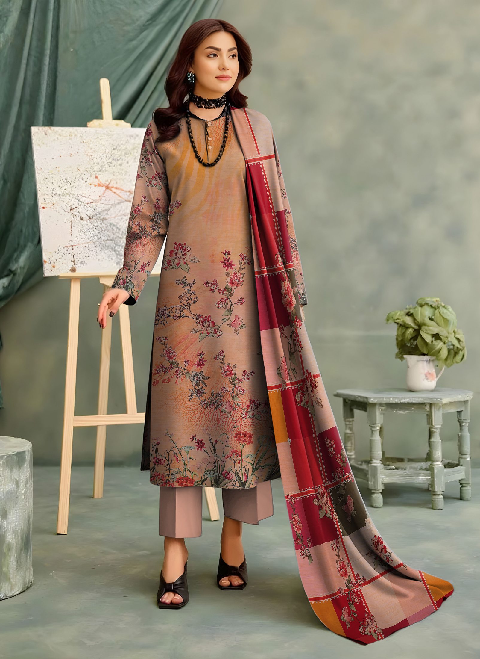 3-Piece Unstitched Exclusive Digital Print Staple Zari Slub (D-10)