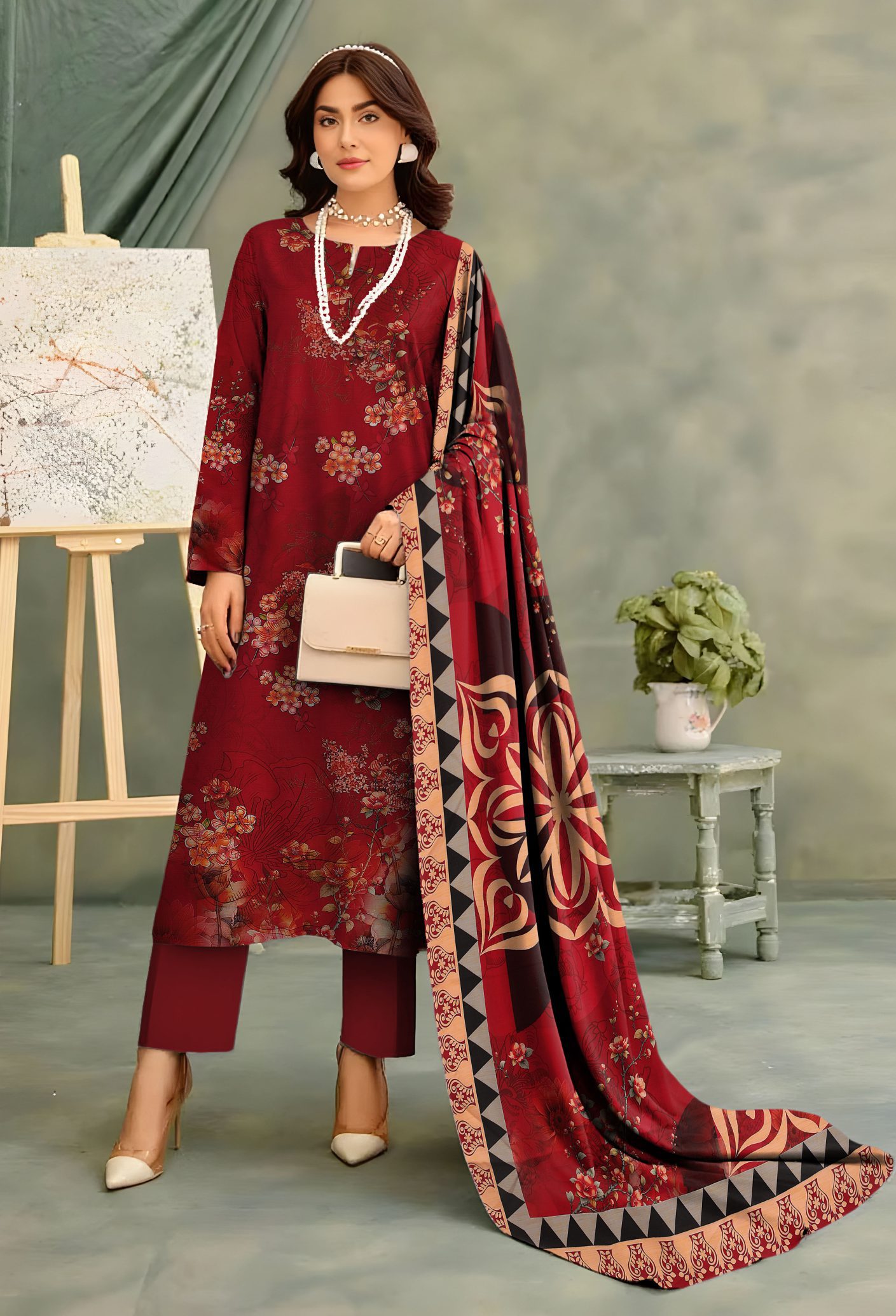 3-Piece Unstitched Exclusive Digital Print Staple Zari Slub (D-1)