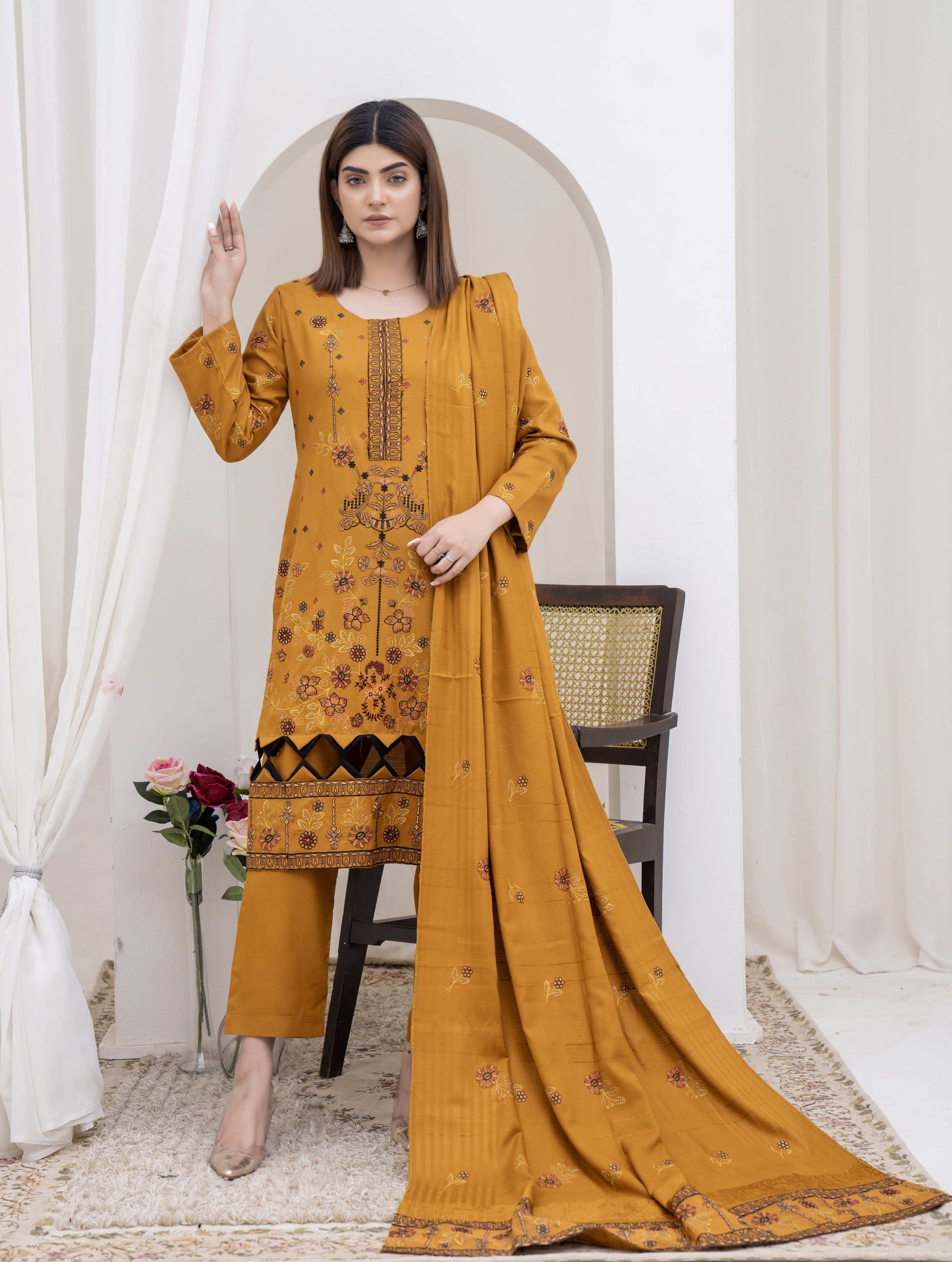 3-Piece Unstitched Bana Dora Dhanak Embroidered Shirt with Embroidered Shawl Dupatta (D-5)