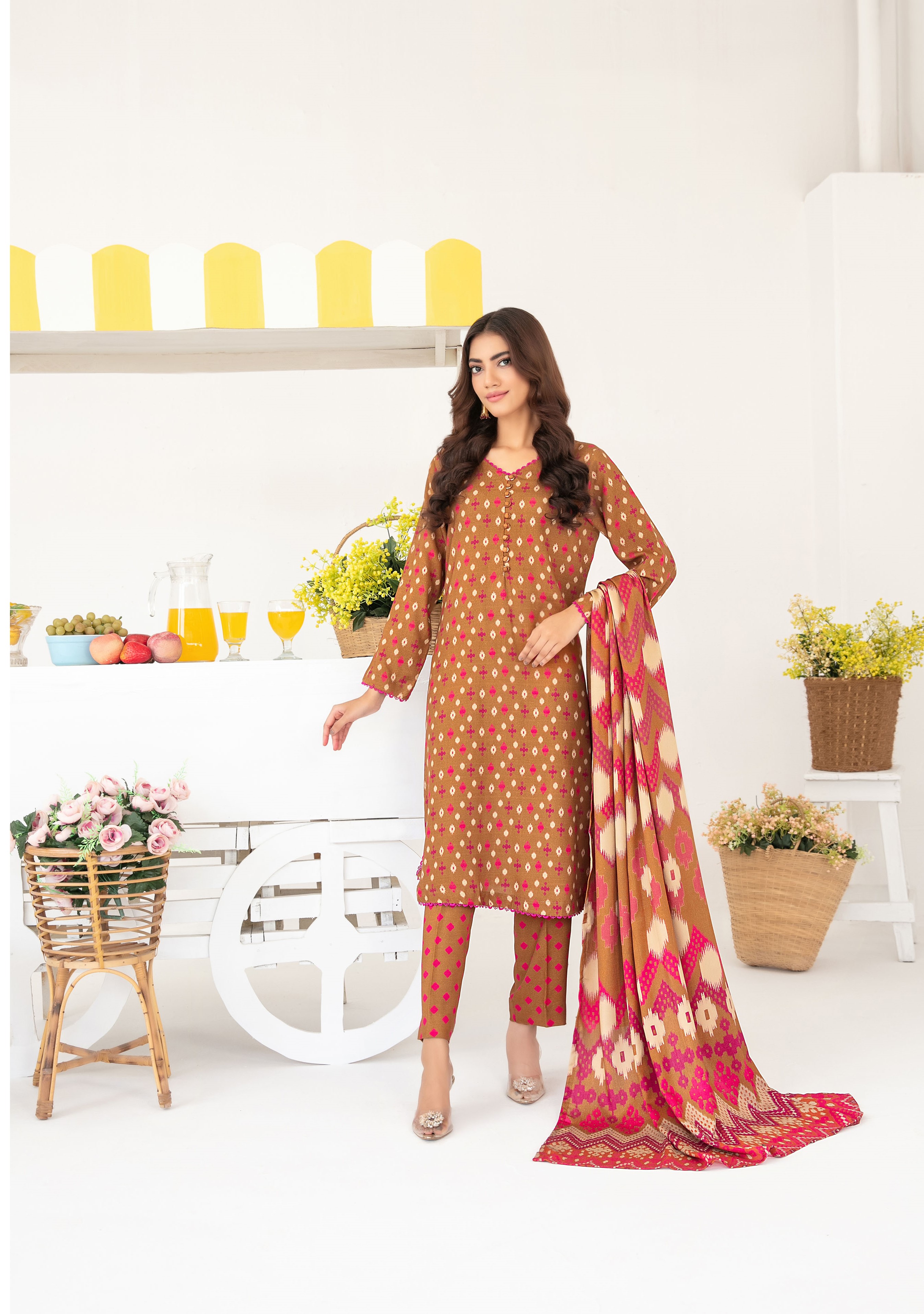 3-Piece Unstitched Fancy Leather Peach Digital Print with Shawl Dupatta (D-5)