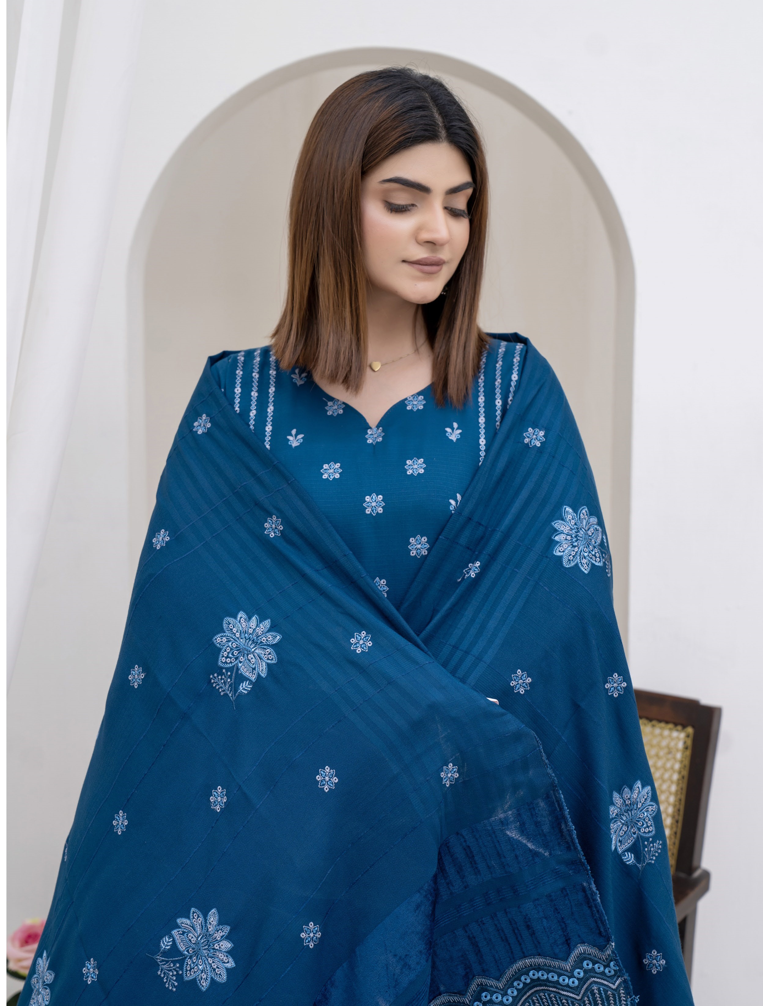 3-Piece Unstitched Bana Dora Dhanak Embroidered Shirt with Embroidered Shawl Dupatta (D-1)