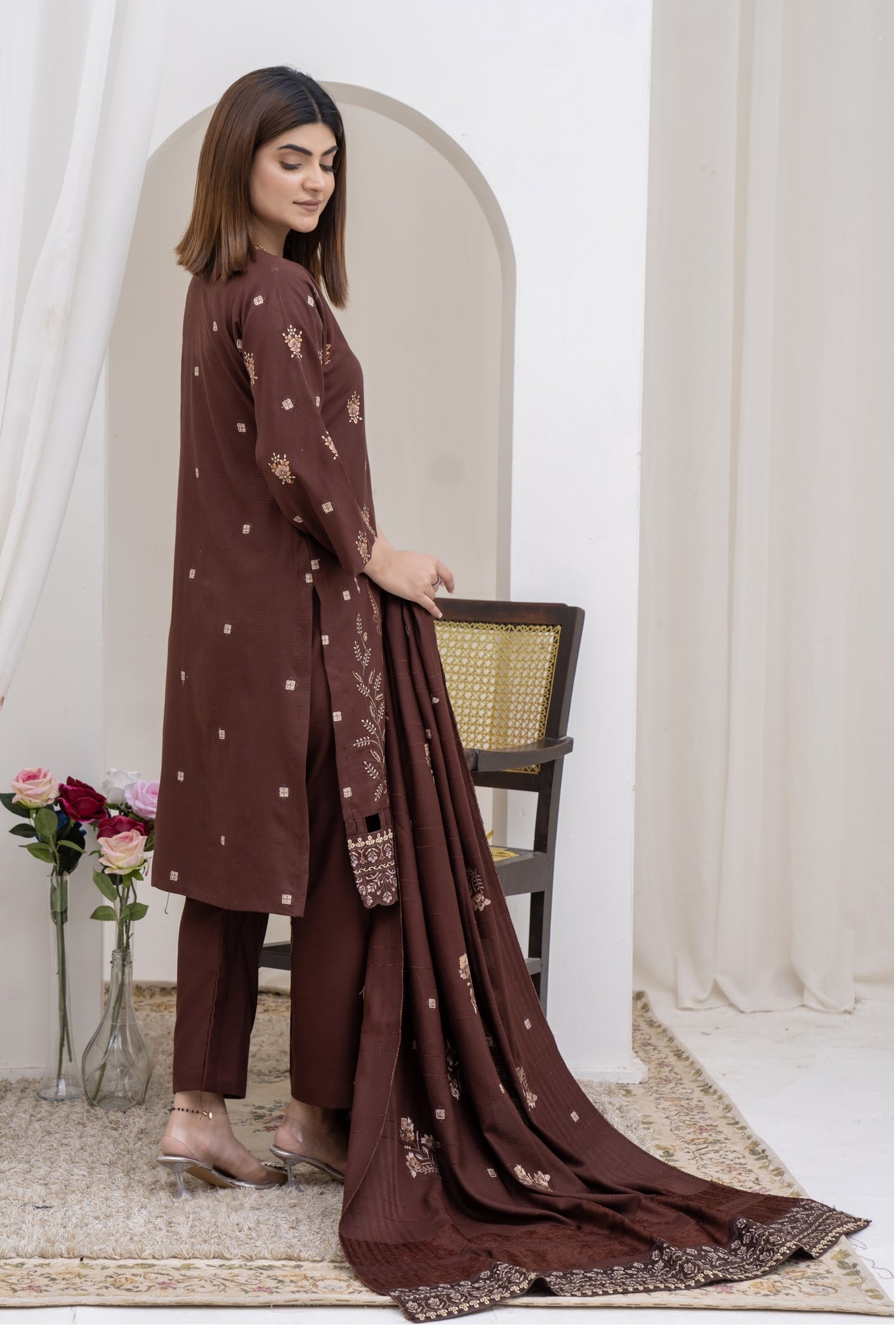 3-Piece Unstitched Bana Dora Dhanak Embroidered Shirt with Embroidered Shawl Dupatta (D-8)