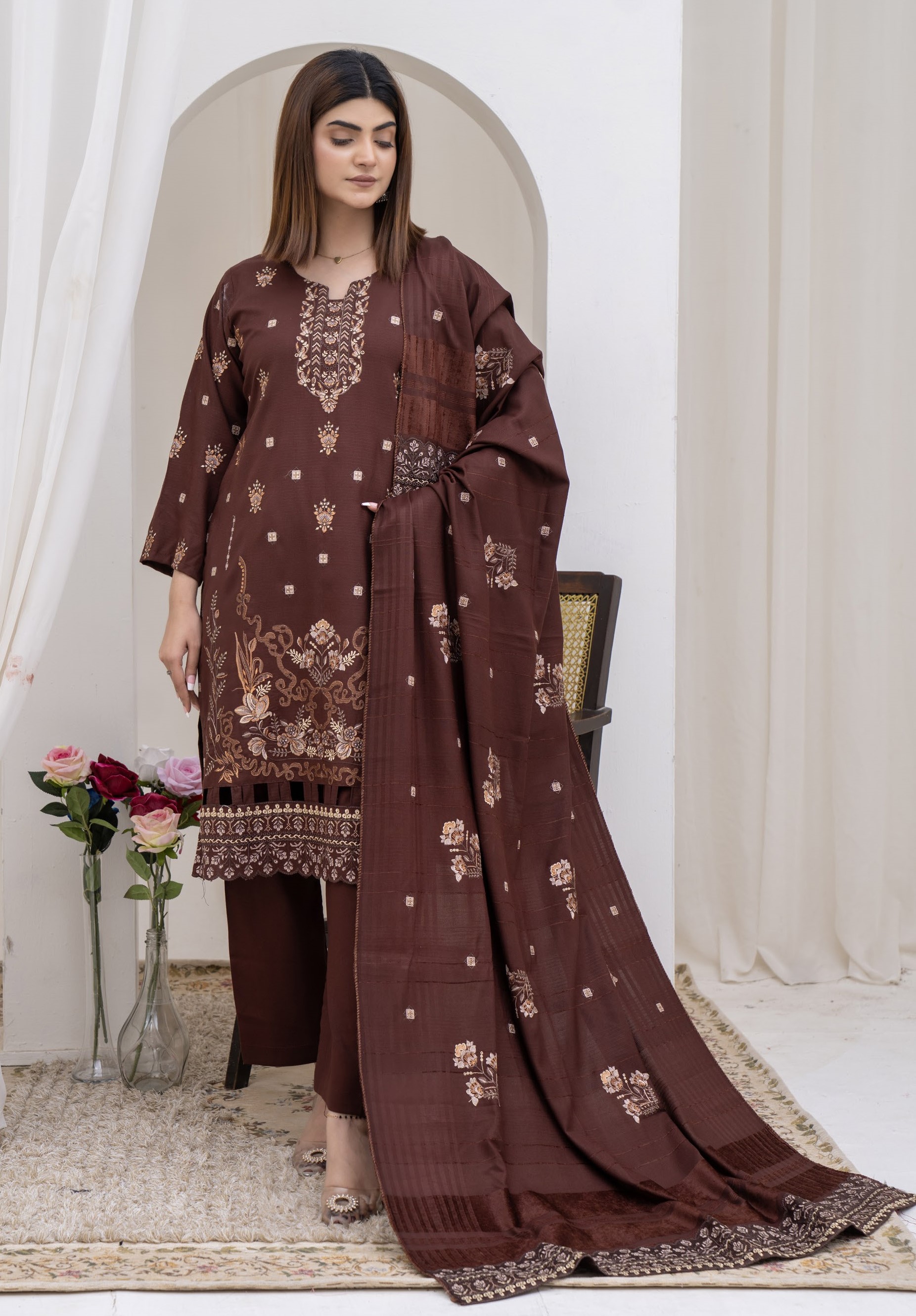 3-Piece Unstitched Bana Dora Dhanak Embroidered Shirt with Embroidered Shawl Dupatta (D-8)