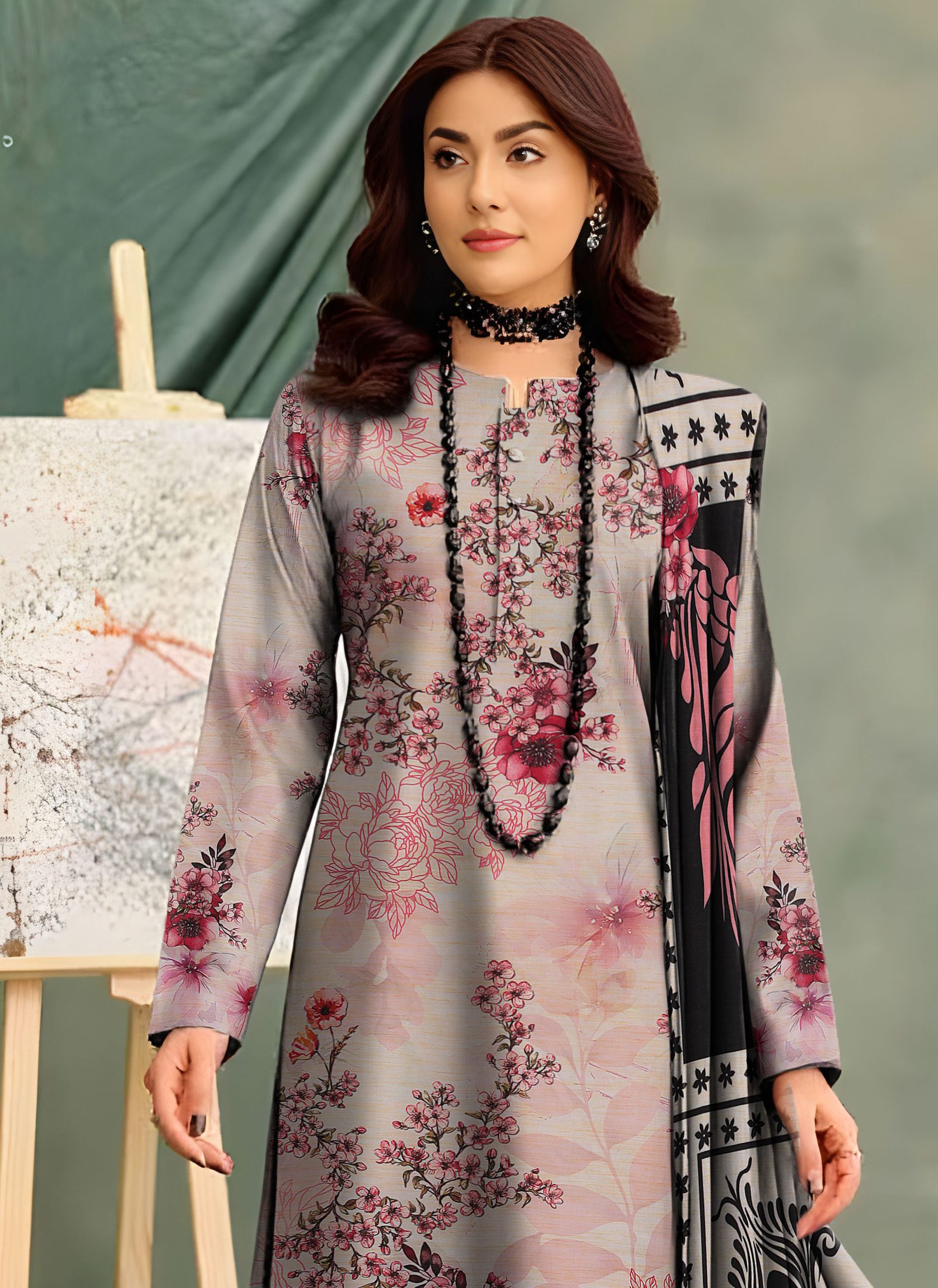 3-Piece Unstitched Exclusive Digital Print Staple Zari Slub (D-9)