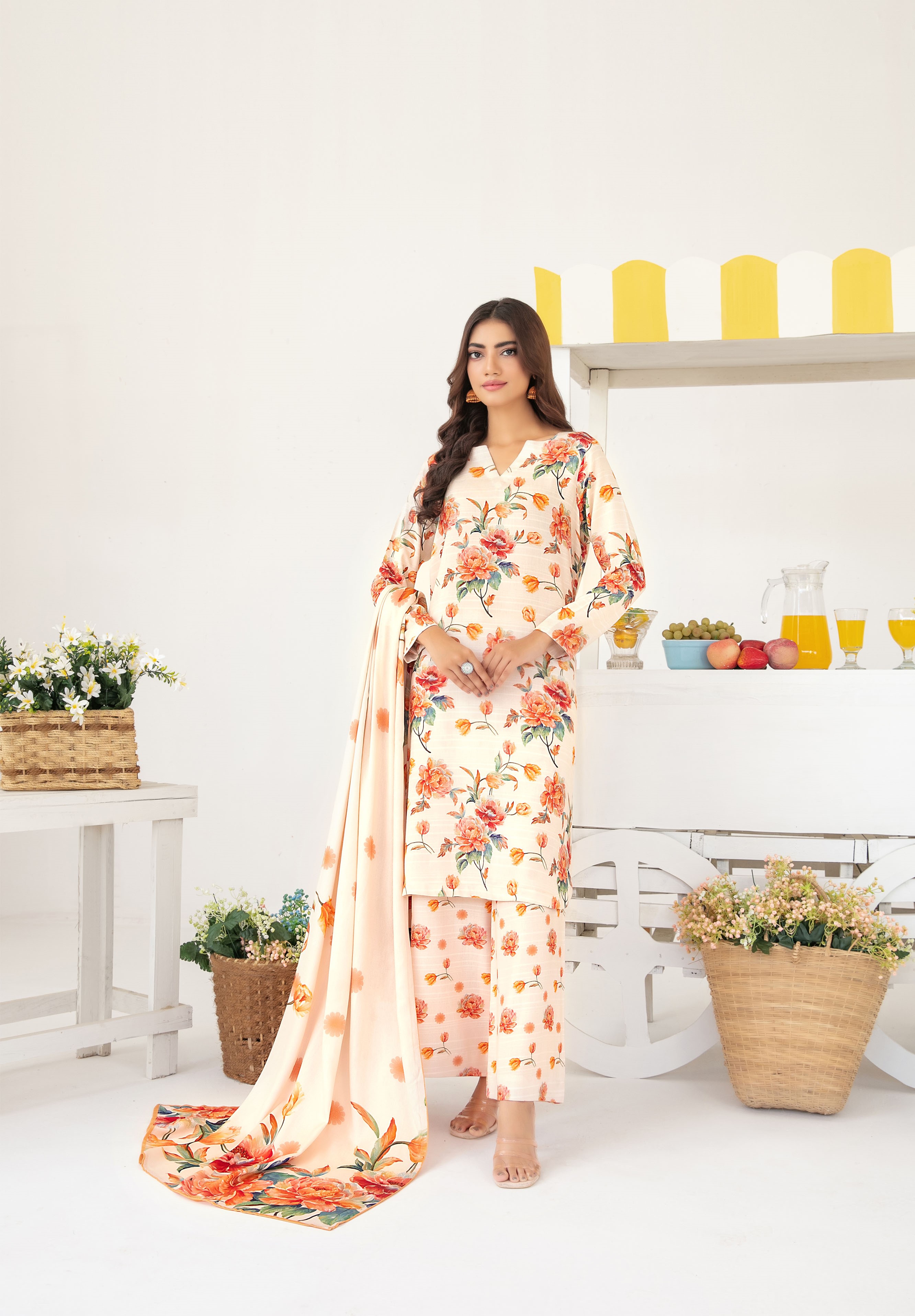 3-Piece Unstitched Fancy Leather Peach Digital Print with Shawl Dupatta (D-6)