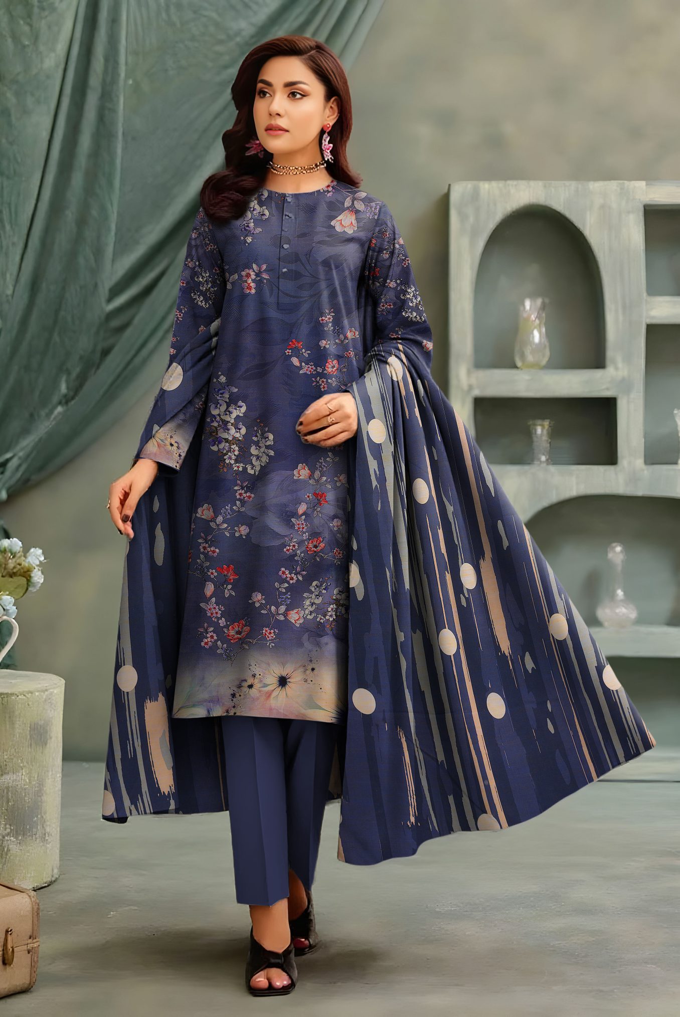 3-Piece Unstitched Exclusive Digital Print Staple Zari Slub (D-2)