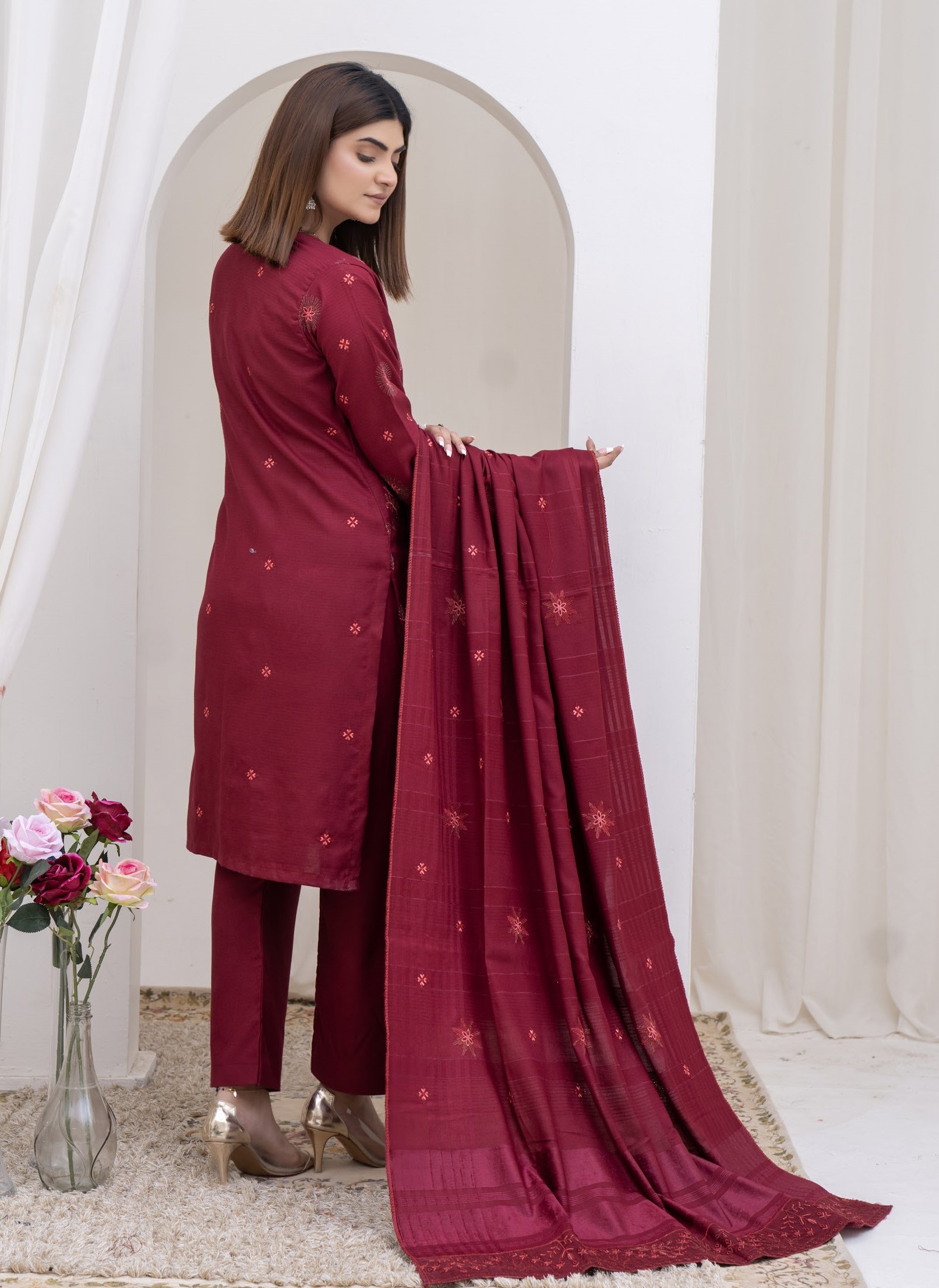 3-Piece Unstitched Bana Dora Dhanak Embroidered Shirt with Embroidered Shawl Dupatta (D-3)