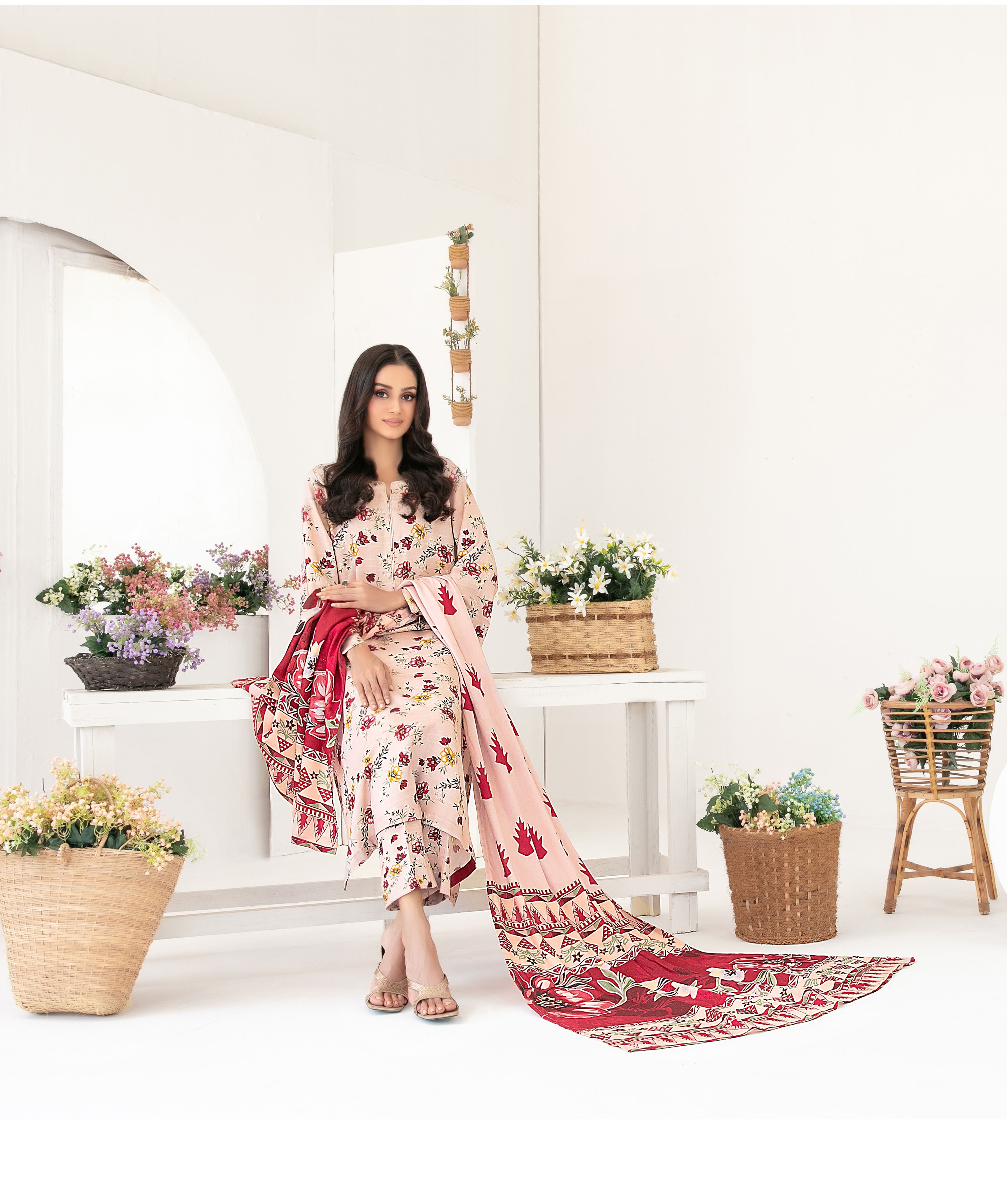 3-Piece Unstitched Fancy Leather Peach Digital Print with Shawl Dupatta (D-8)