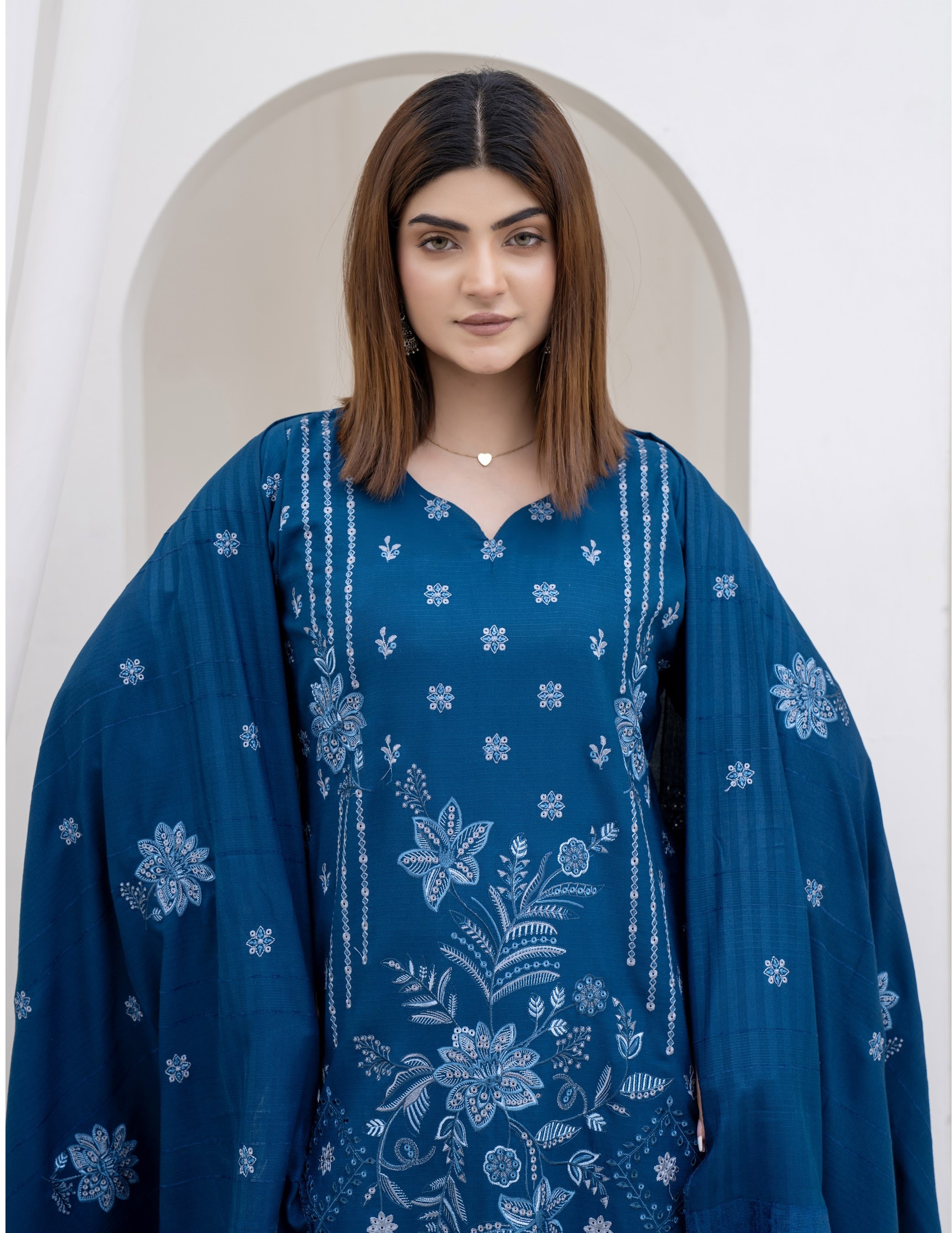 3-Piece Unstitched Bana Dora Dhanak Embroidered Shirt with Embroidered Shawl Dupatta (D-1)