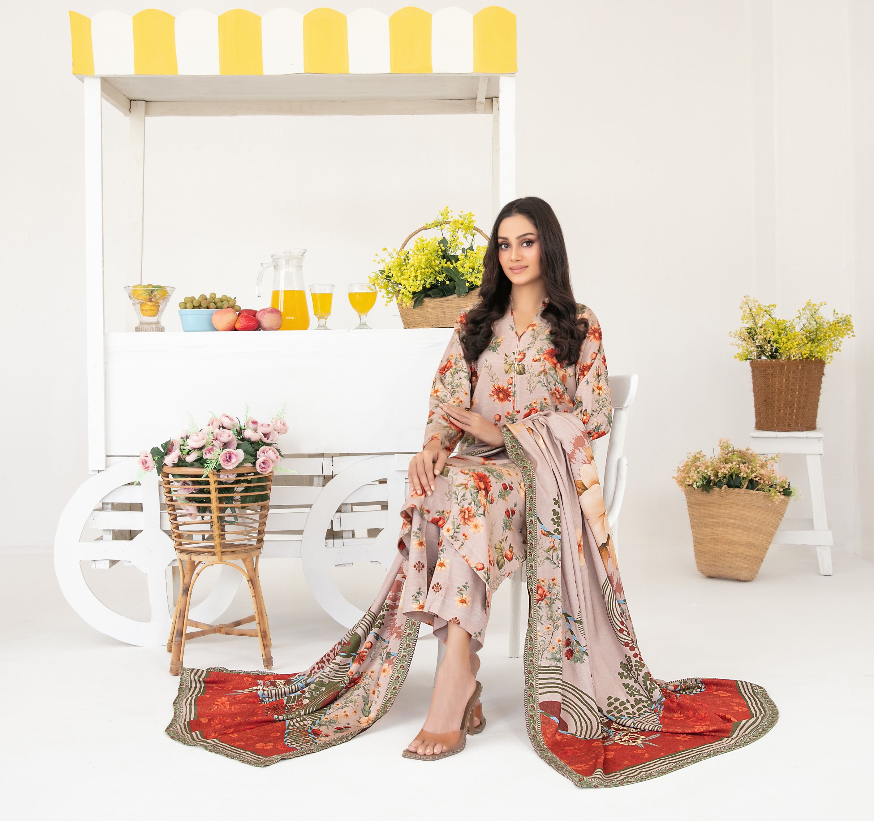 3-Piece Unstitched Fancy Leather Peach Digital Print with Shawl Dupatta (D-2)