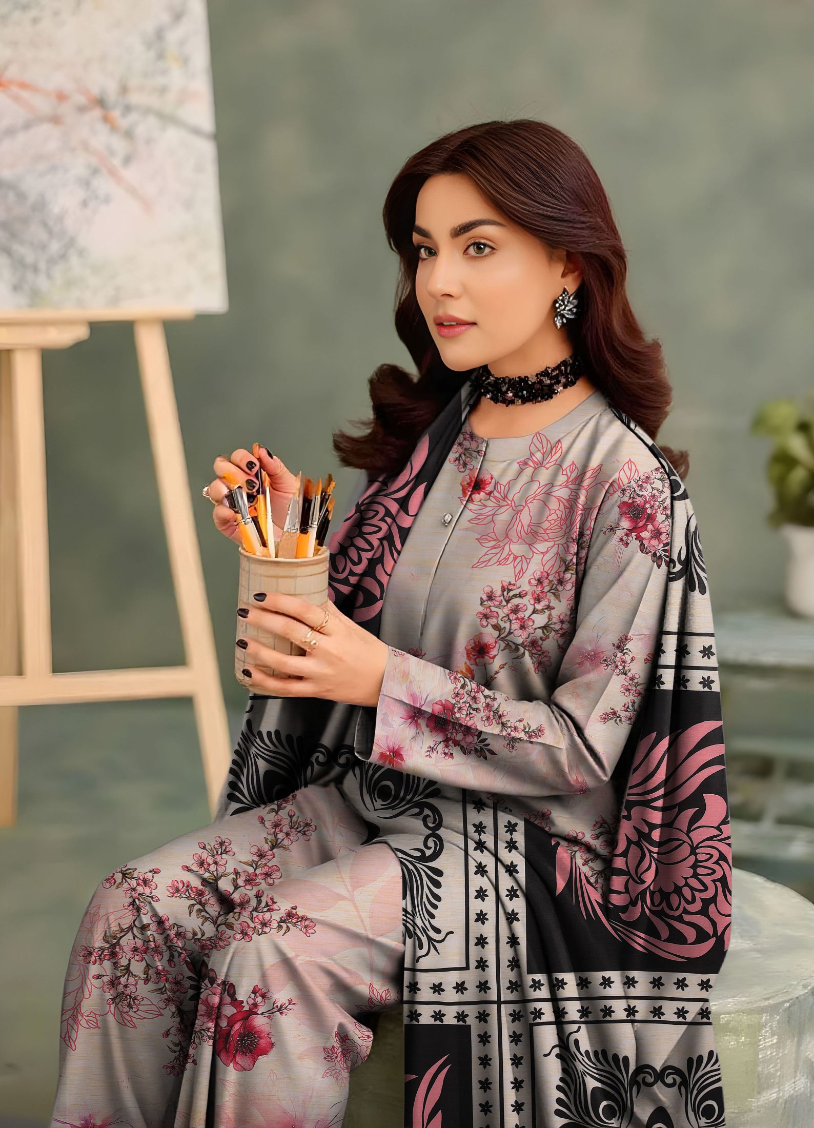 3-Piece Unstitched Exclusive Digital Print Staple Zari Slub (D-9)