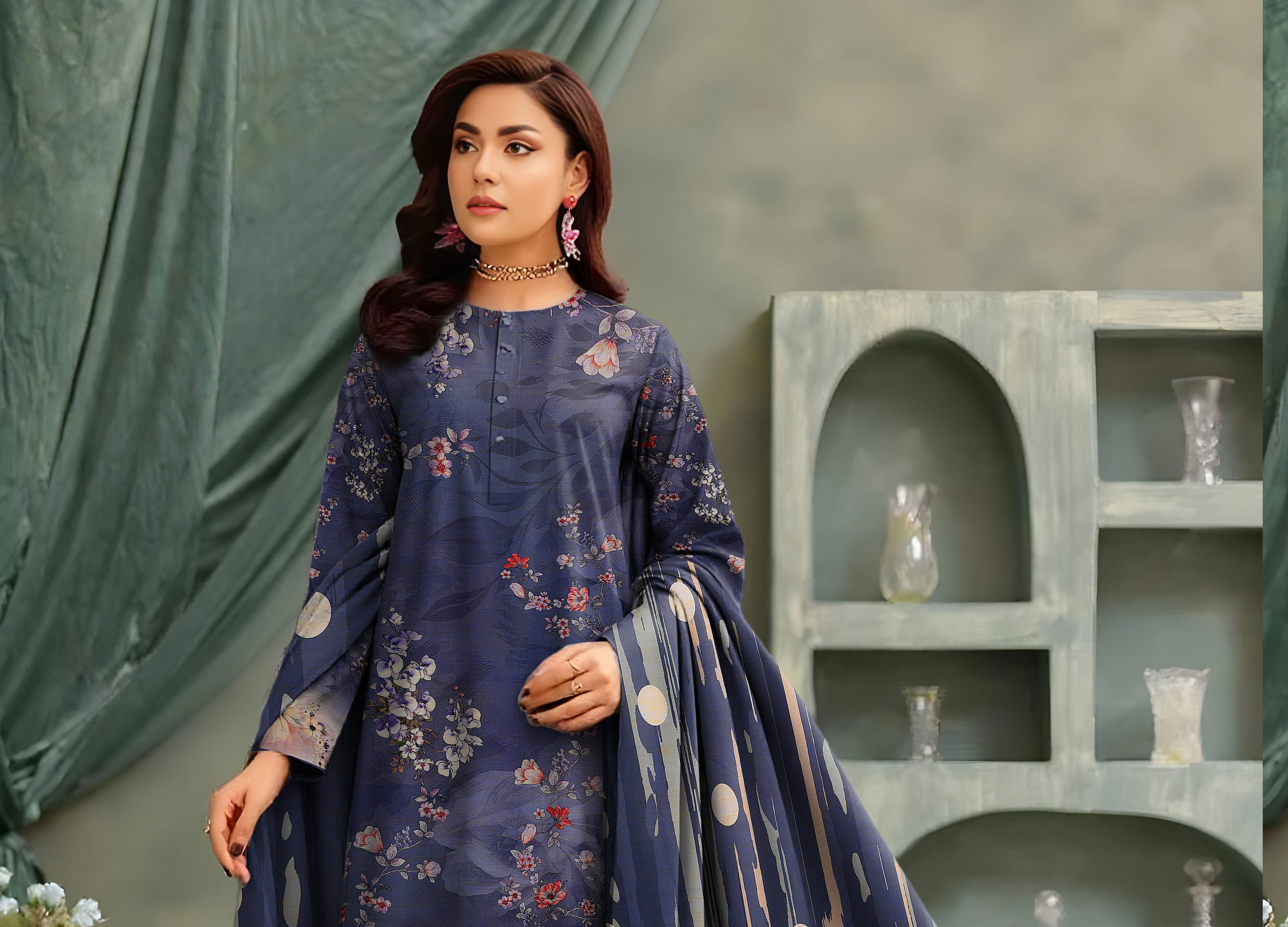 3-Piece Unstitched Exclusive Digital Print Staple Zari Slub (D-2)