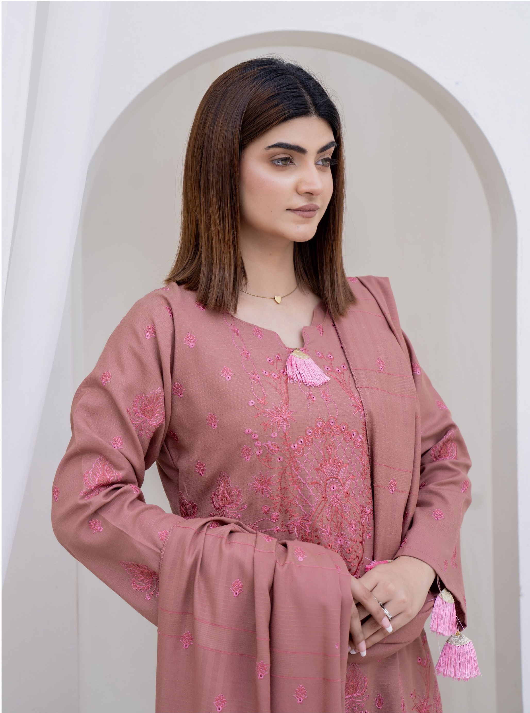 3-Piece Unstitched Bana Dora Dhanak Embroidered Shirt with Embroidered Shawl Dupatta (D-6)