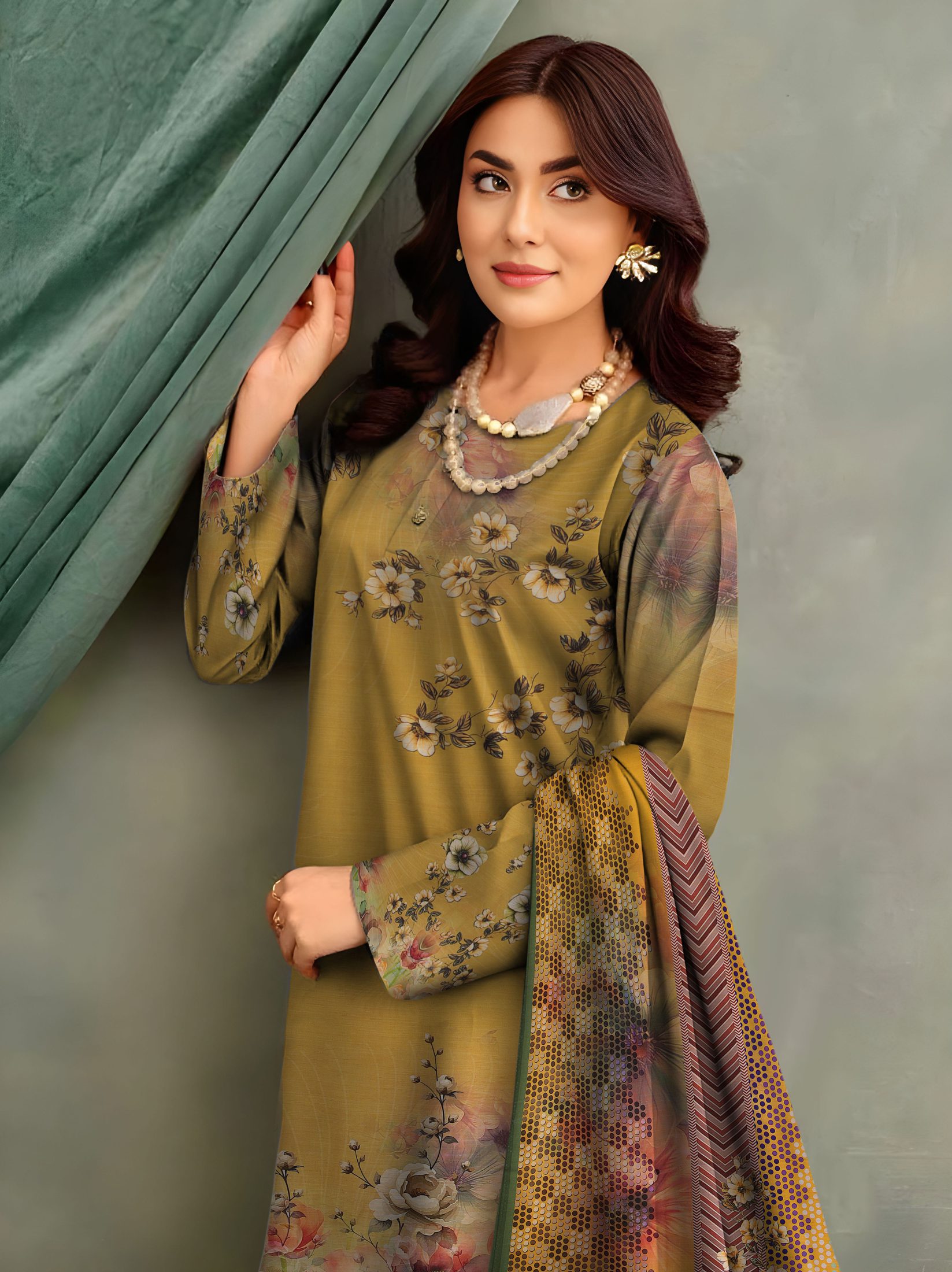 3-Piece Unstitched Exclusive Digital Print Staple Zari Slub (D-7)
