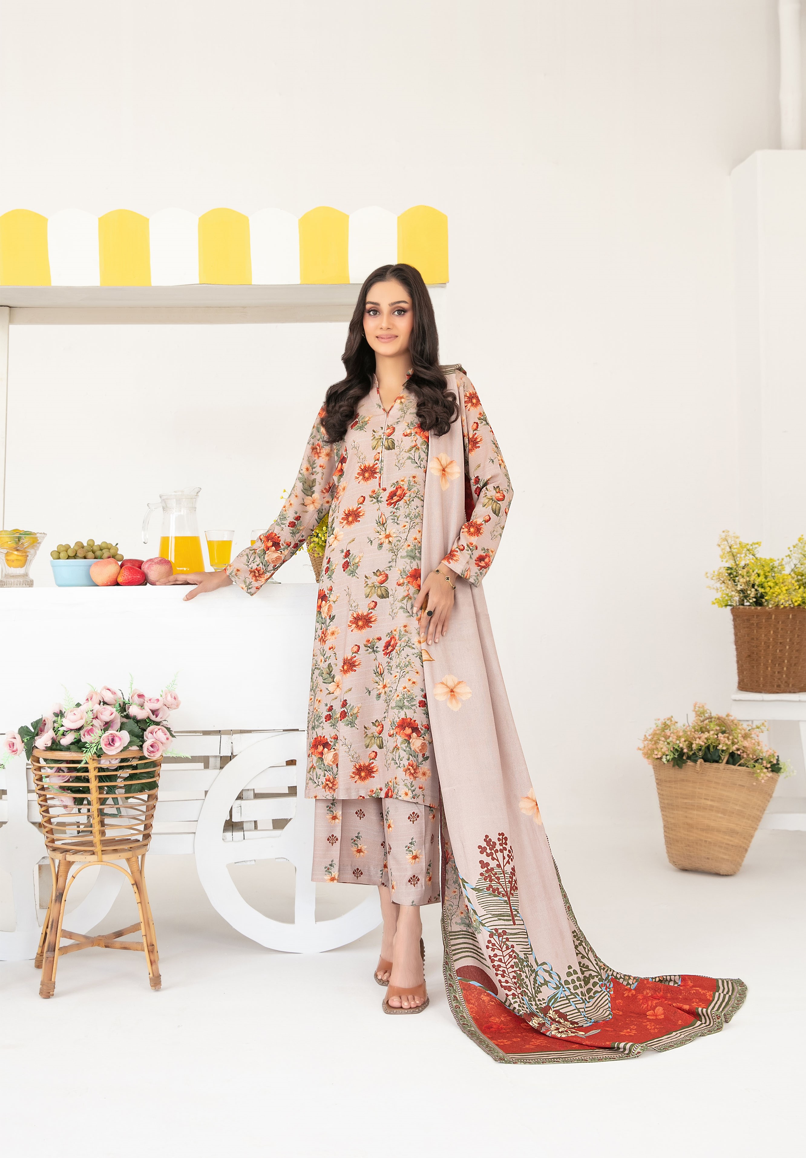 3-Piece Unstitched Fancy Leather Peach Digital Print with Shawl Dupatta (D-2)